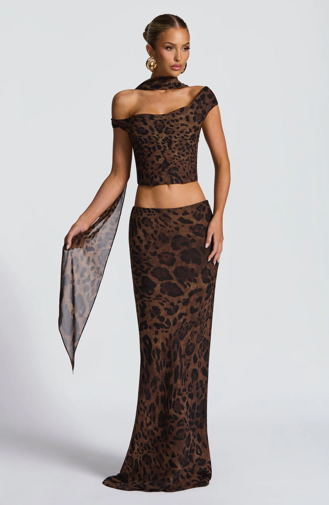 Leopard Print Maxi Skirt - Chiffon Column Shape - Mid-Rise