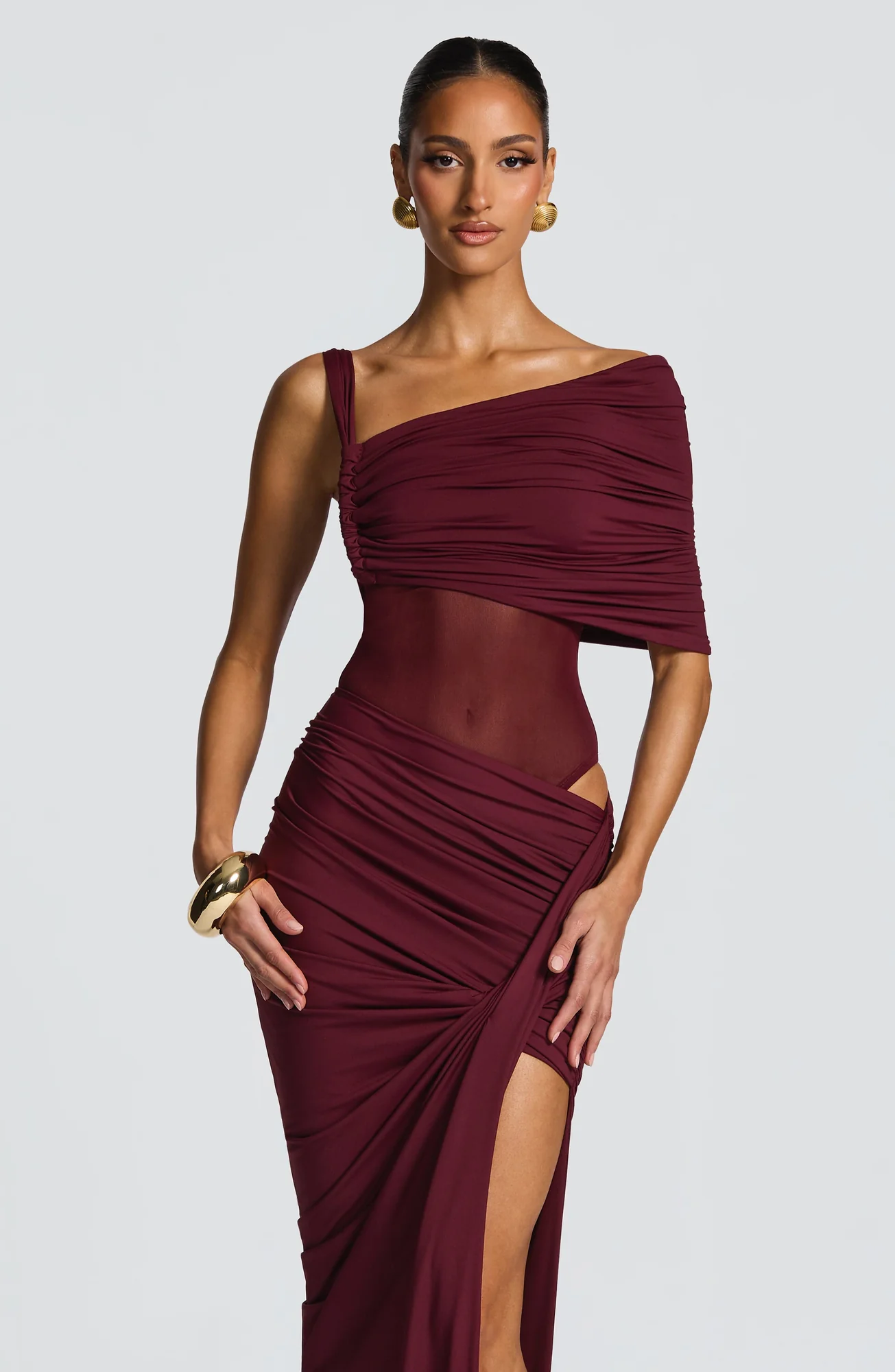 Elegant Cherry Lacquer Lisette Bodysuit - Womens Mesh Detail Bodysuit