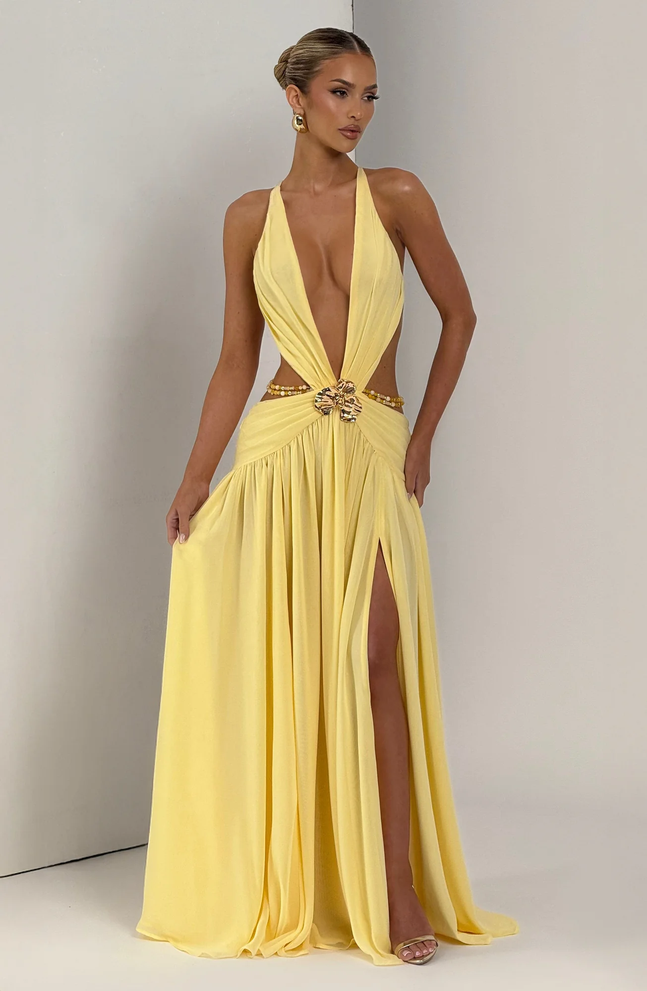 Lemon Chiffon Maxi Dress with Orchid Brooch Detail - Elegant Style
