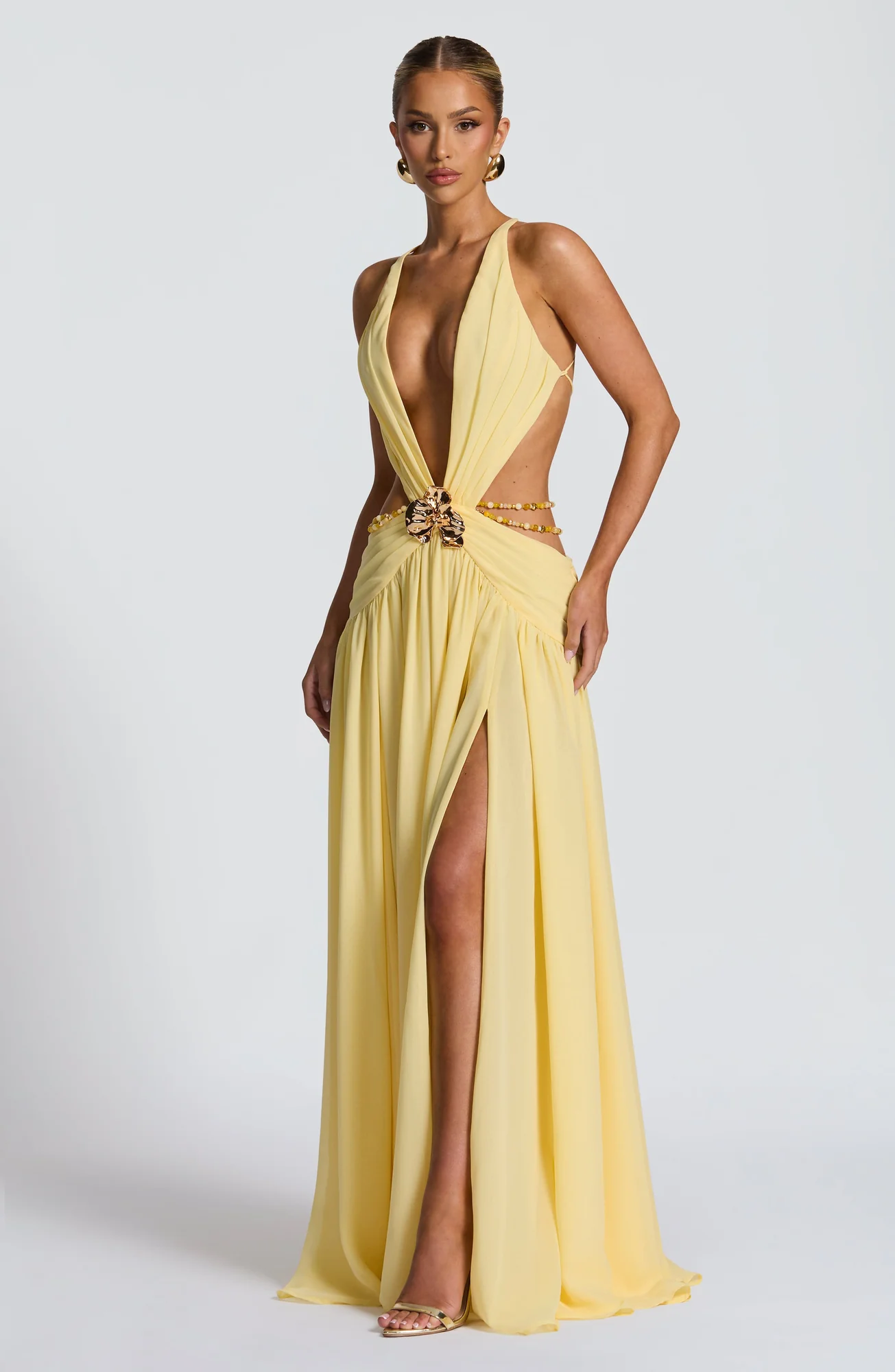 Lemon Chiffon Maxi Dress with Orchid Brooch Detail - Elegant Style