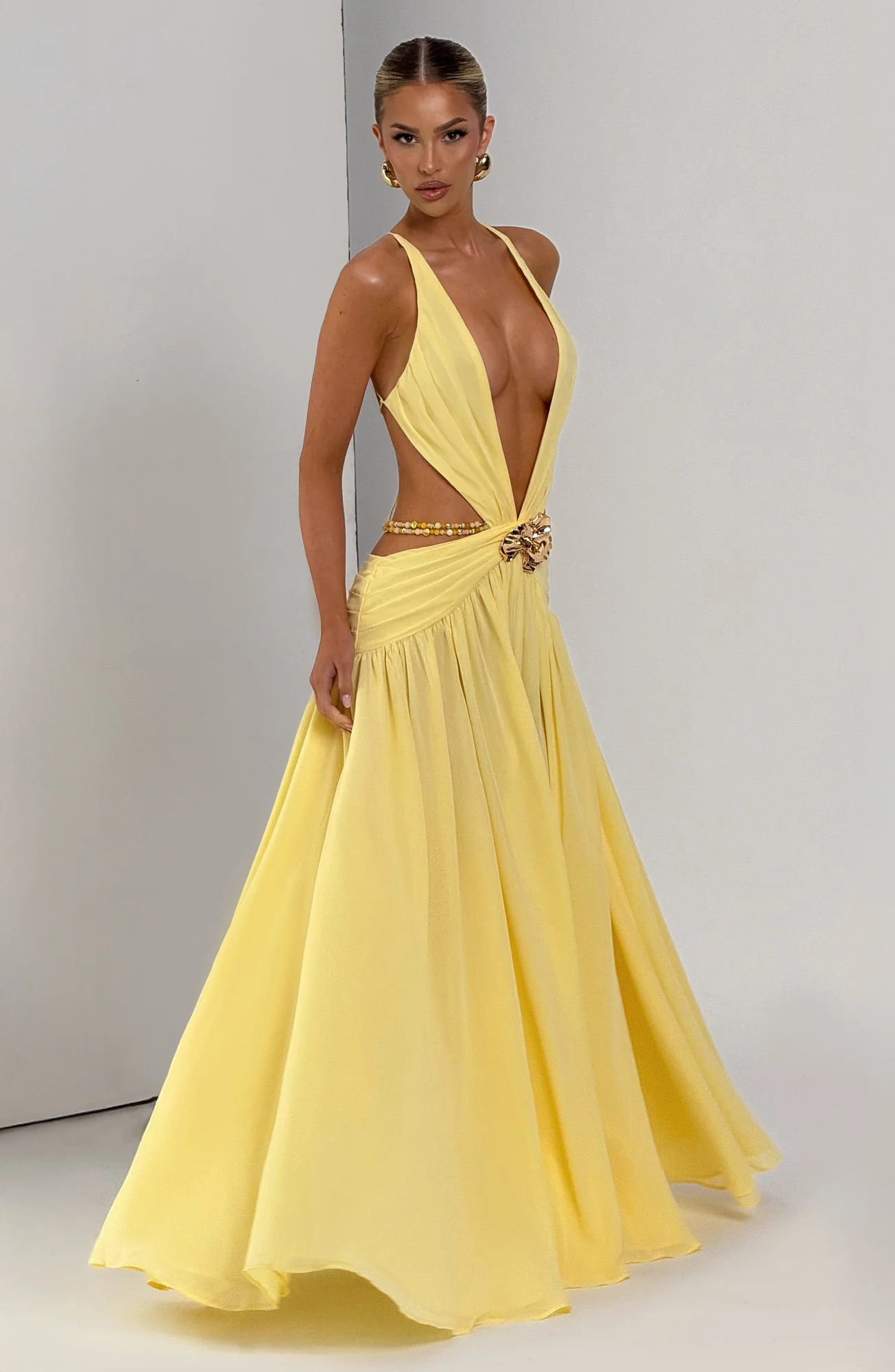 Lemon Chiffon Maxi Dress with Orchid Brooch Detail - Elegant Style