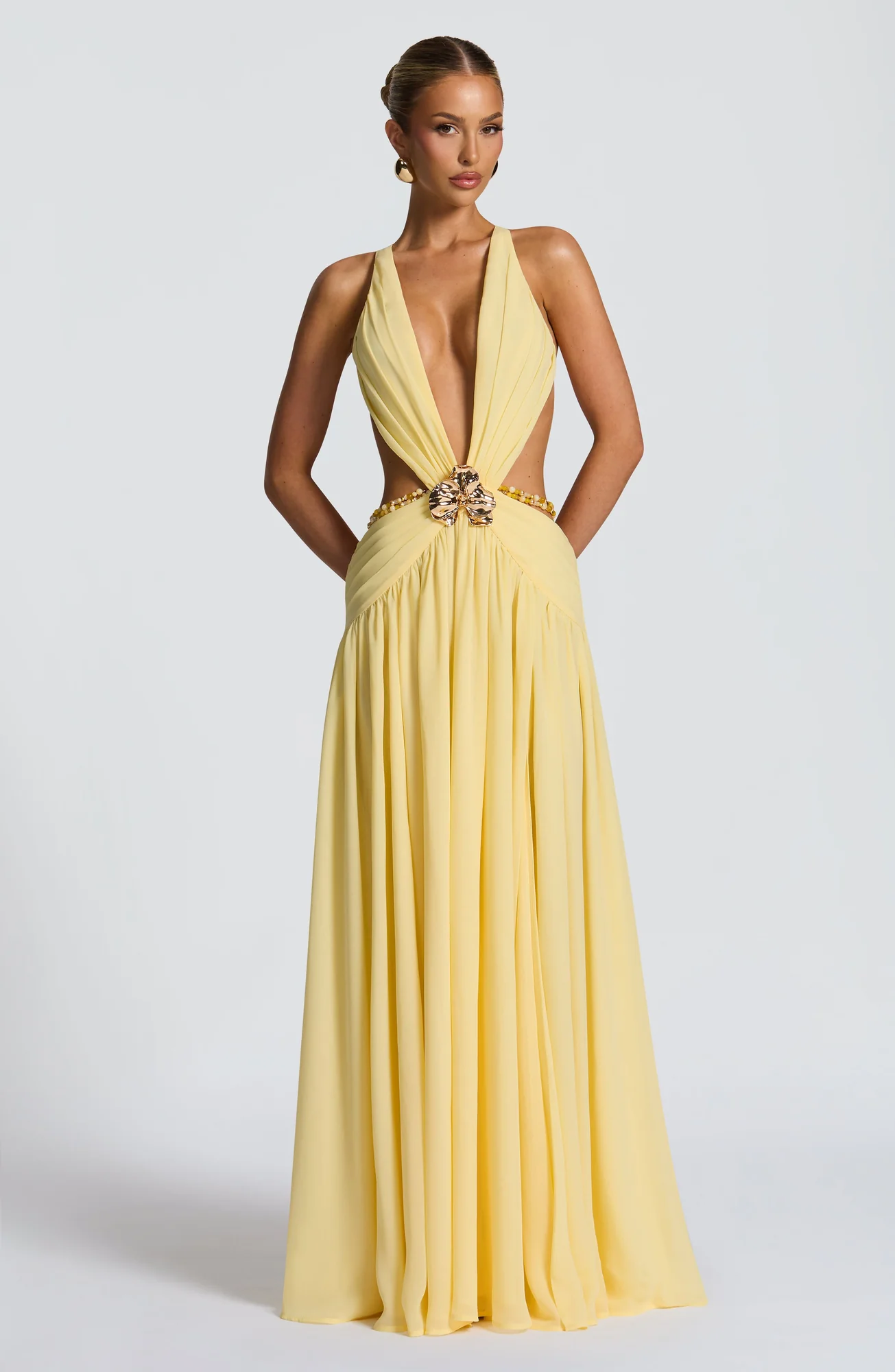 Lemon Chiffon Maxi Dress with Orchid Brooch Detail - Elegant Style