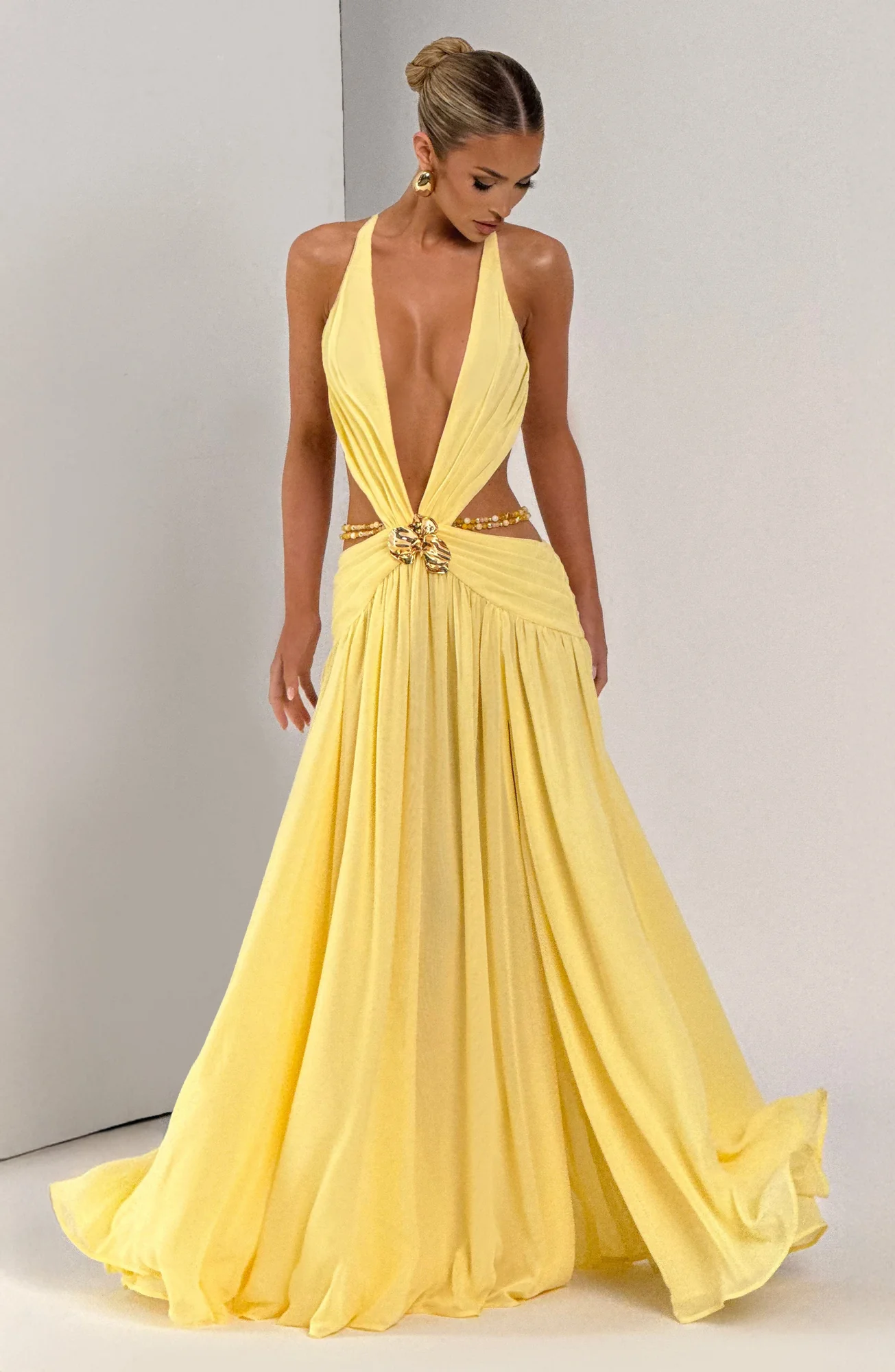 Lemon Chiffon Maxi Dress with Orchid Brooch Detail - Elegant Style