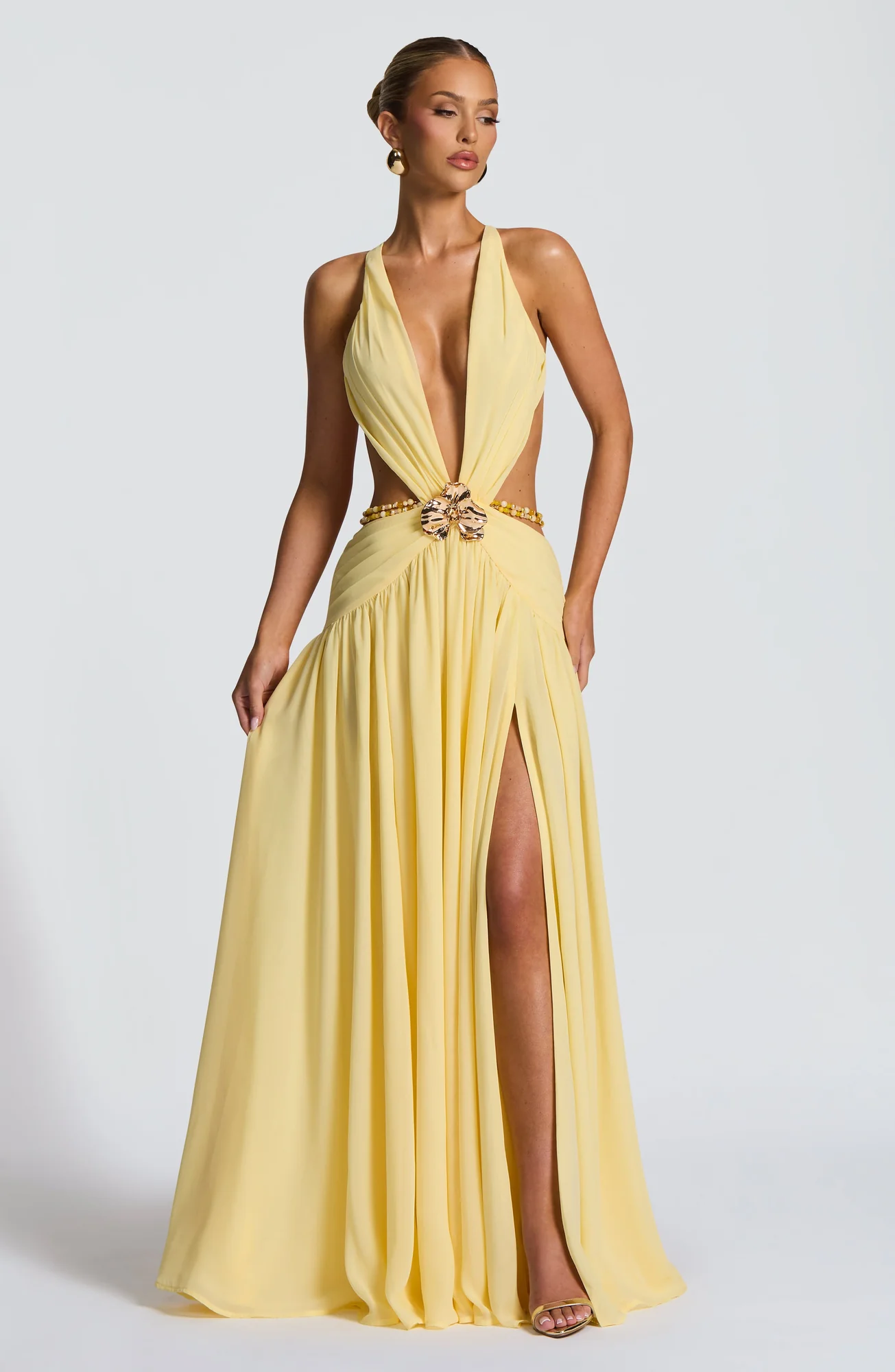 Lemon Chiffon Maxi Dress with Orchid Brooch Detail - Elegant Style