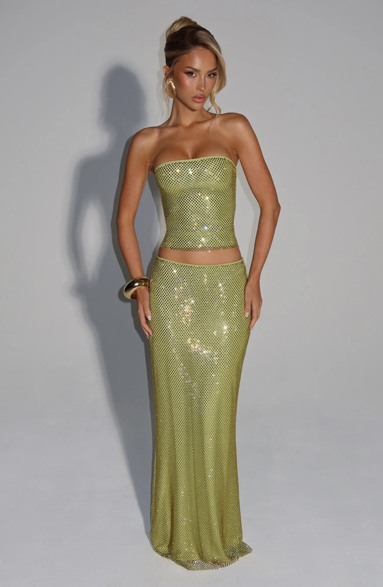 Olive Stretch Net Maxi Skirt with Rhinestone Embellishments