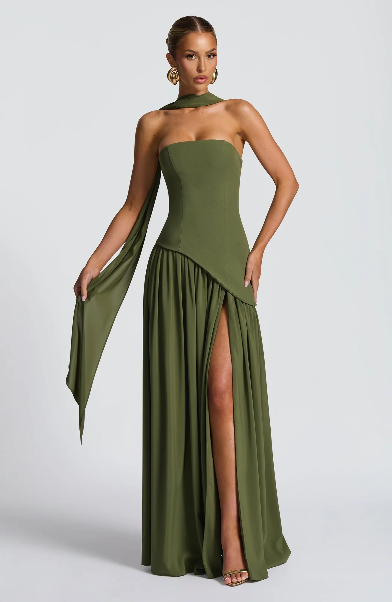 Elegant Khaki Maxi Dress with Lace-Up Back & Thigh-High Split