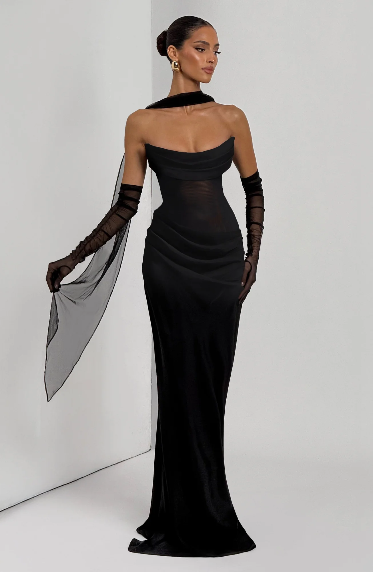 Black Elegant Maxi Dress with Sheer Mesh Detailing