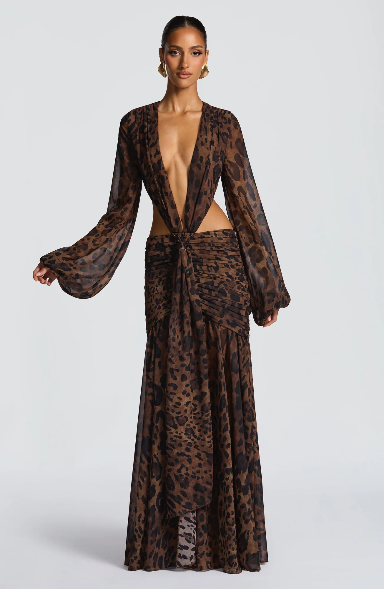 Leopard Print Chiffon Maxi Dress | Elegant Tie Detail