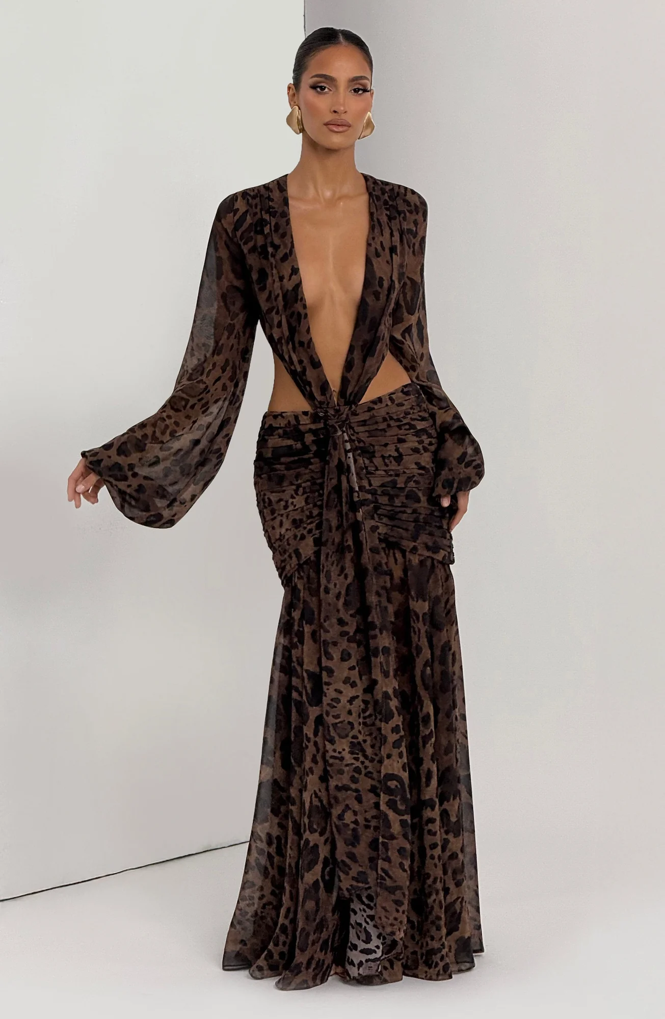 Leopard Print Chiffon Maxi Dress | Elegant Tie Detail