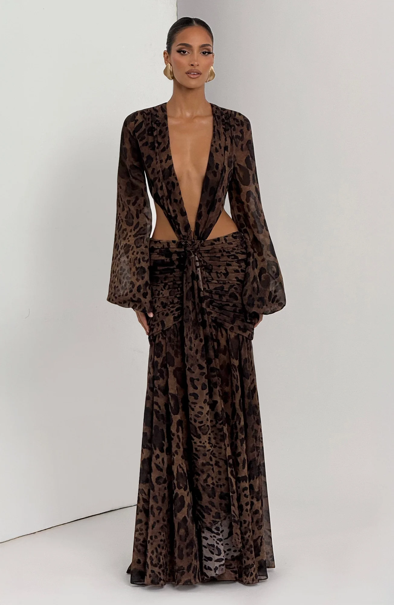 Leopard Print Chiffon Maxi Dress | Elegant Tie Detail