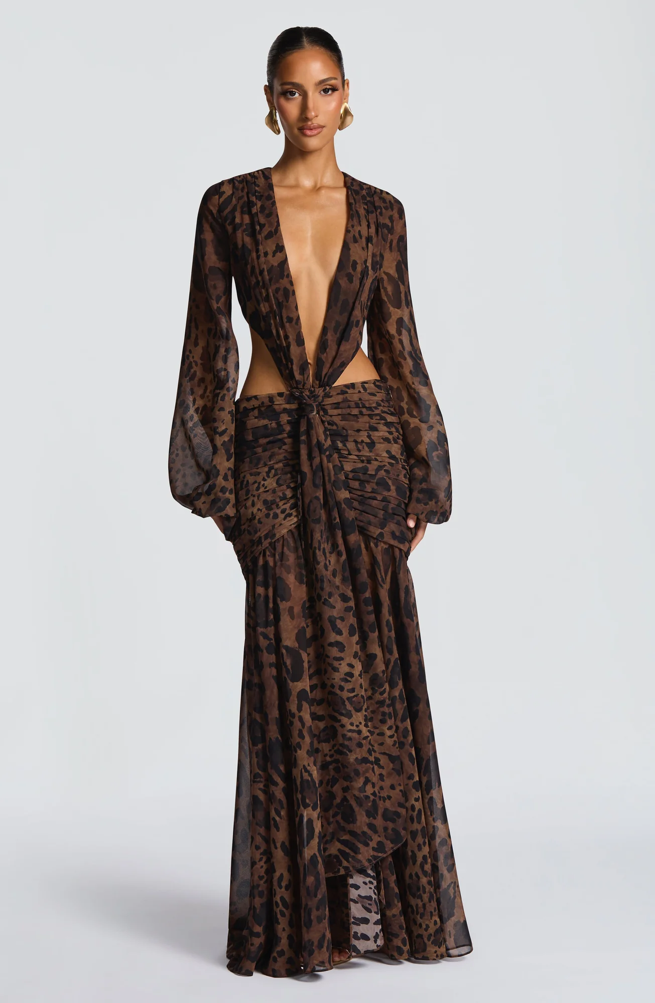 Leopard Print Chiffon Maxi Dress | Elegant Tie Detail