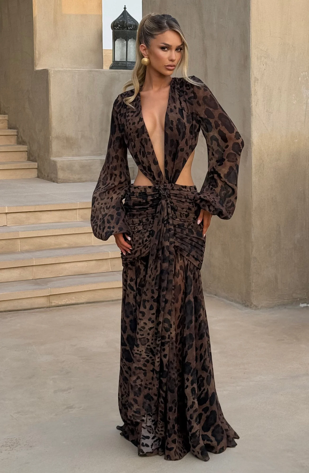 Leopard Print Chiffon Maxi Dress | Elegant Tie Detail