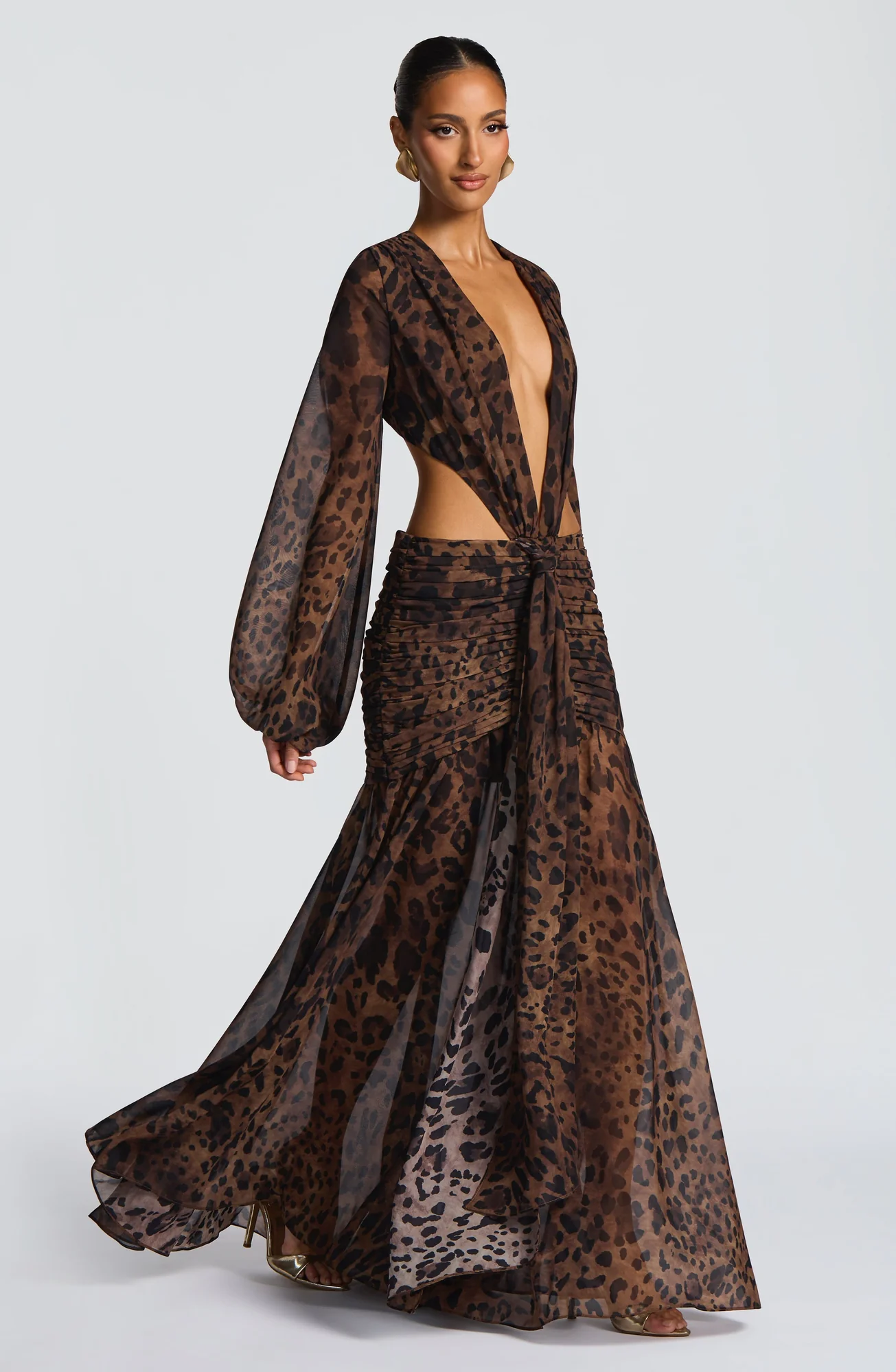 Leopard Print Chiffon Maxi Dress | Elegant Tie Detail