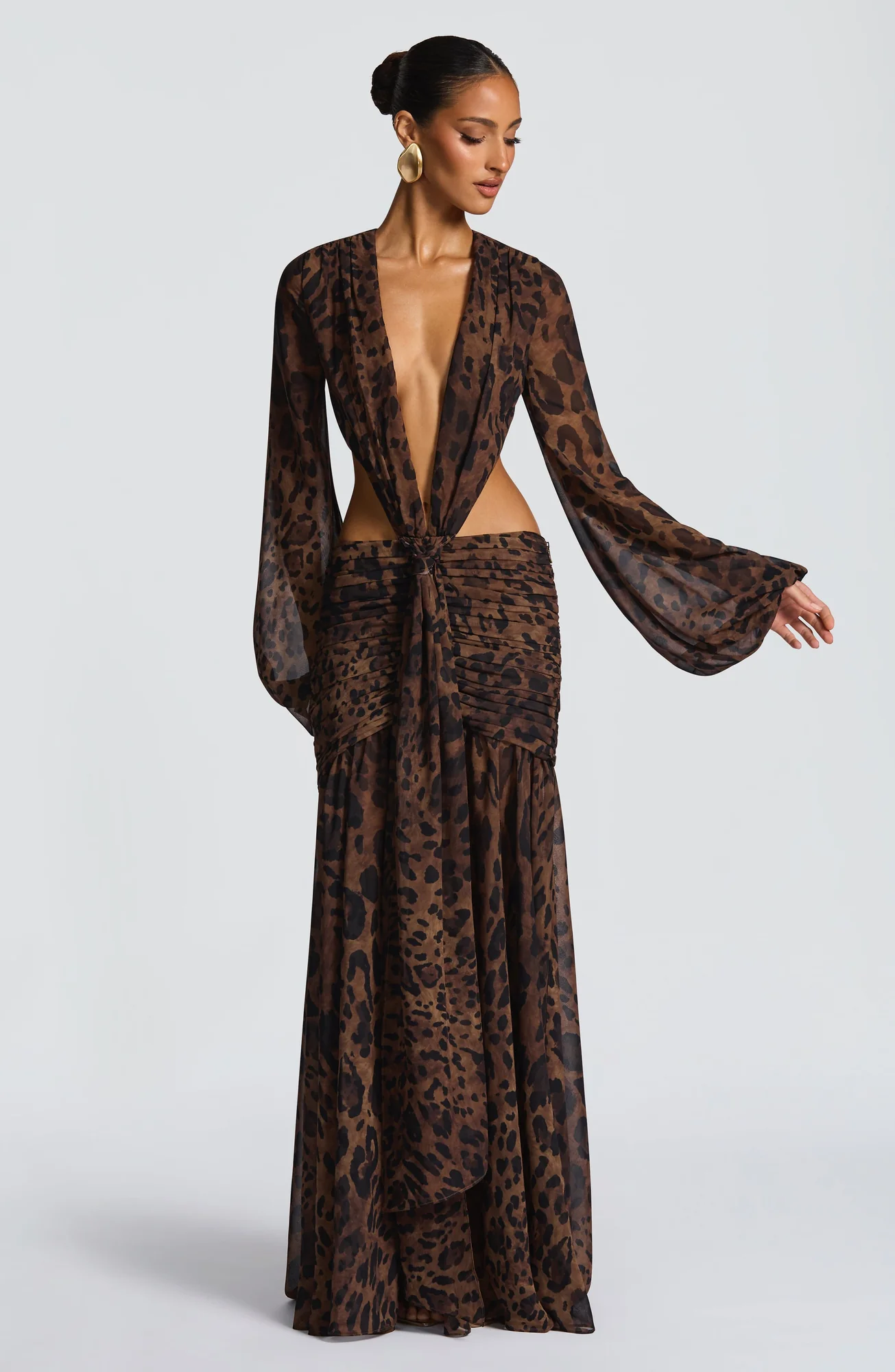 Leopard Print Chiffon Maxi Dress | Elegant Tie Detail