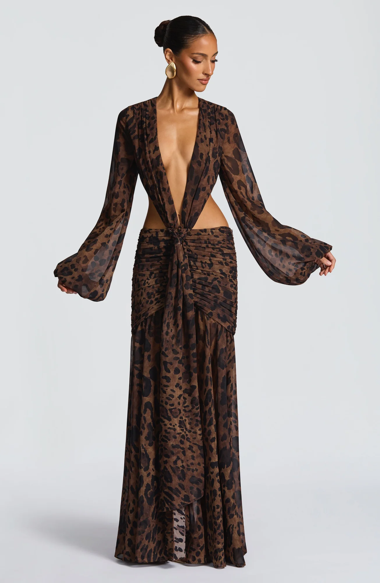 Leopard Print Chiffon Maxi Dress | Elegant Tie Detail