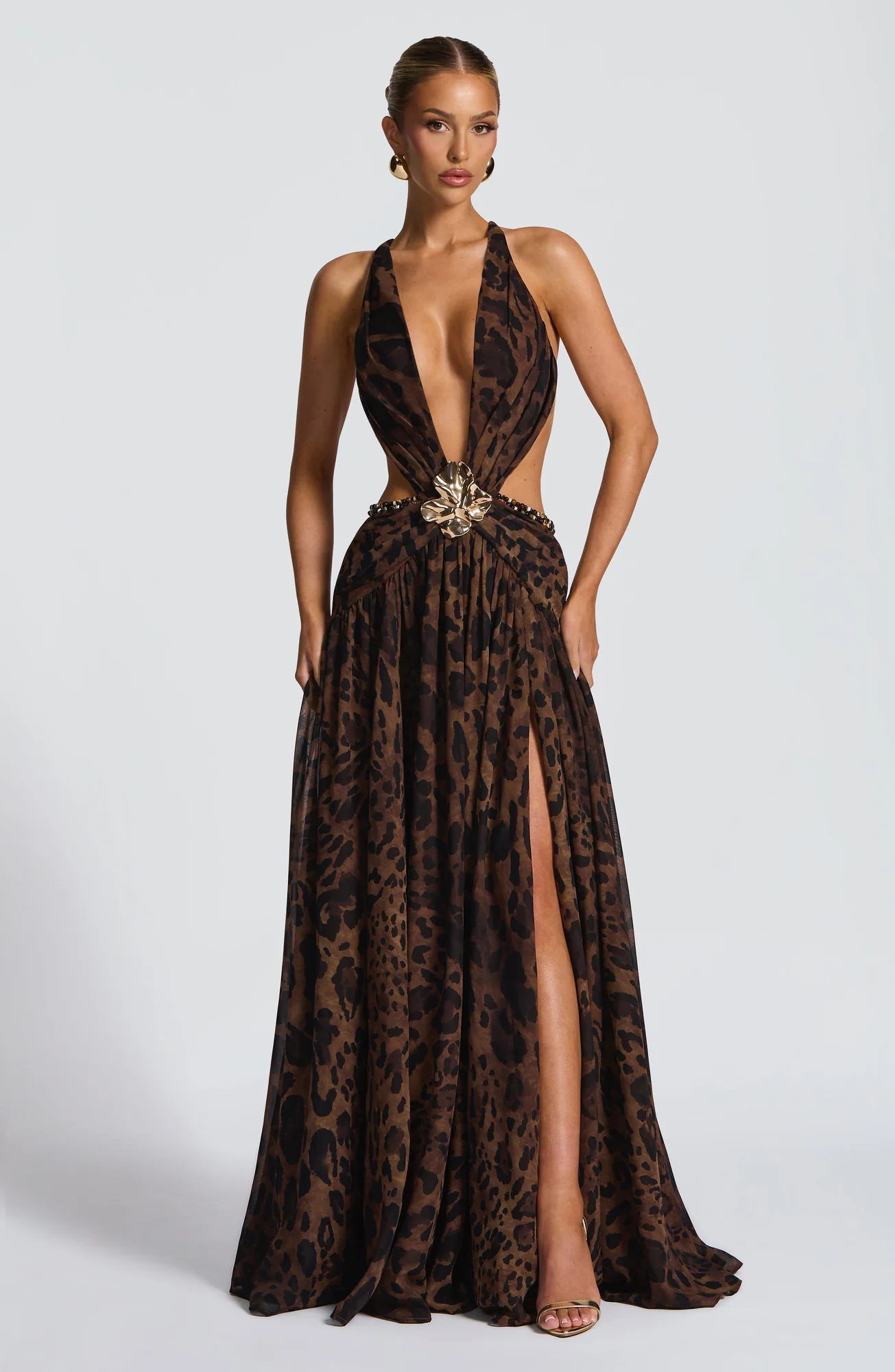 Leopard Print Maxi Dress - Plunging Neckline & Statement Brooch