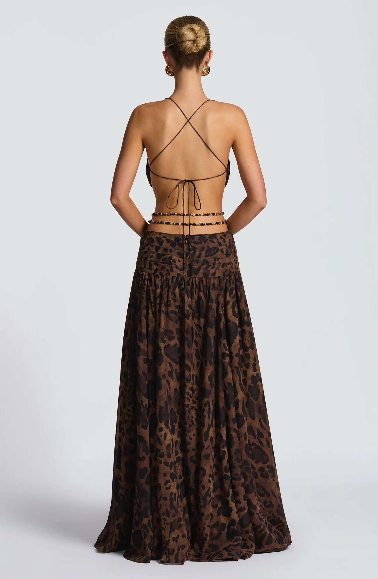 Leopard Print Maxi Dress - Plunging Neckline & Statement Brooch