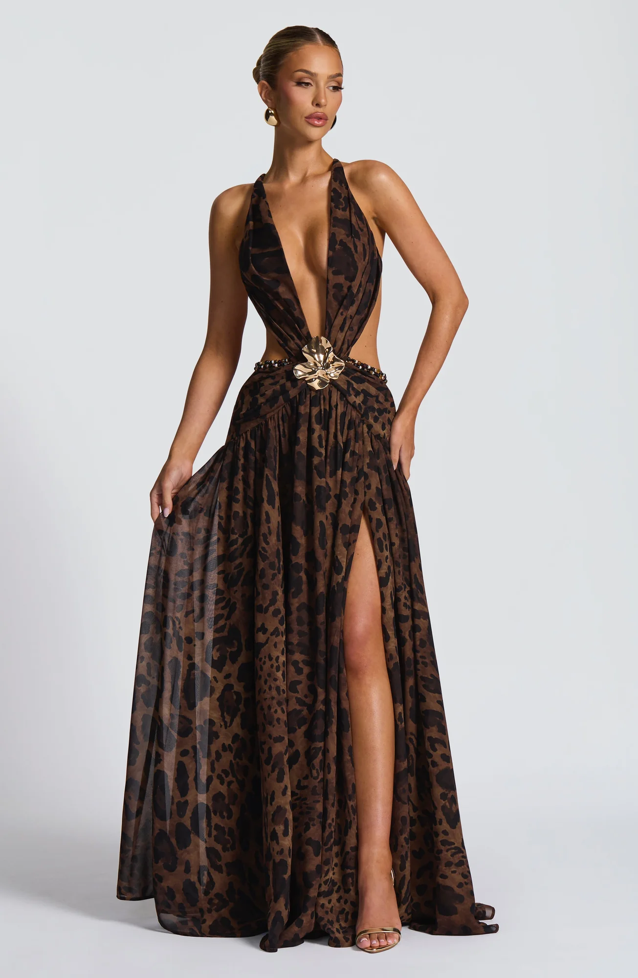 Leopard Print Maxi Dress - Plunging Neckline & Statement Brooch