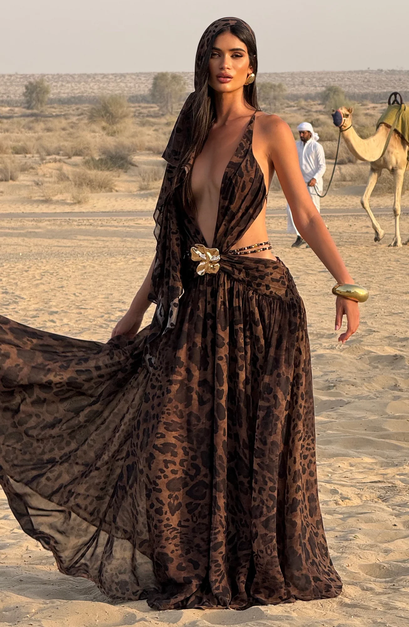 Leopard Print Maxi Dress - Plunging Neckline & Statement Brooch