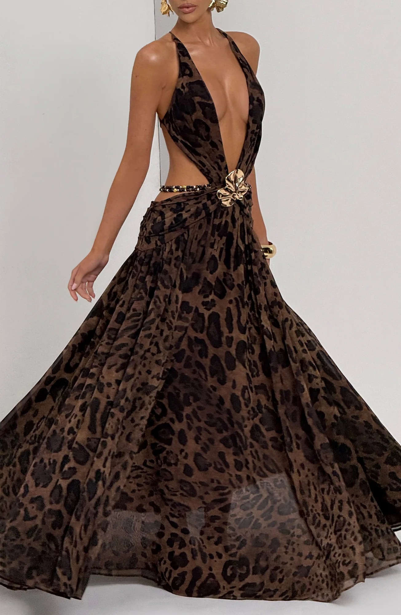 Leopard Print Maxi Dress - Plunging Neckline & Statement Brooch