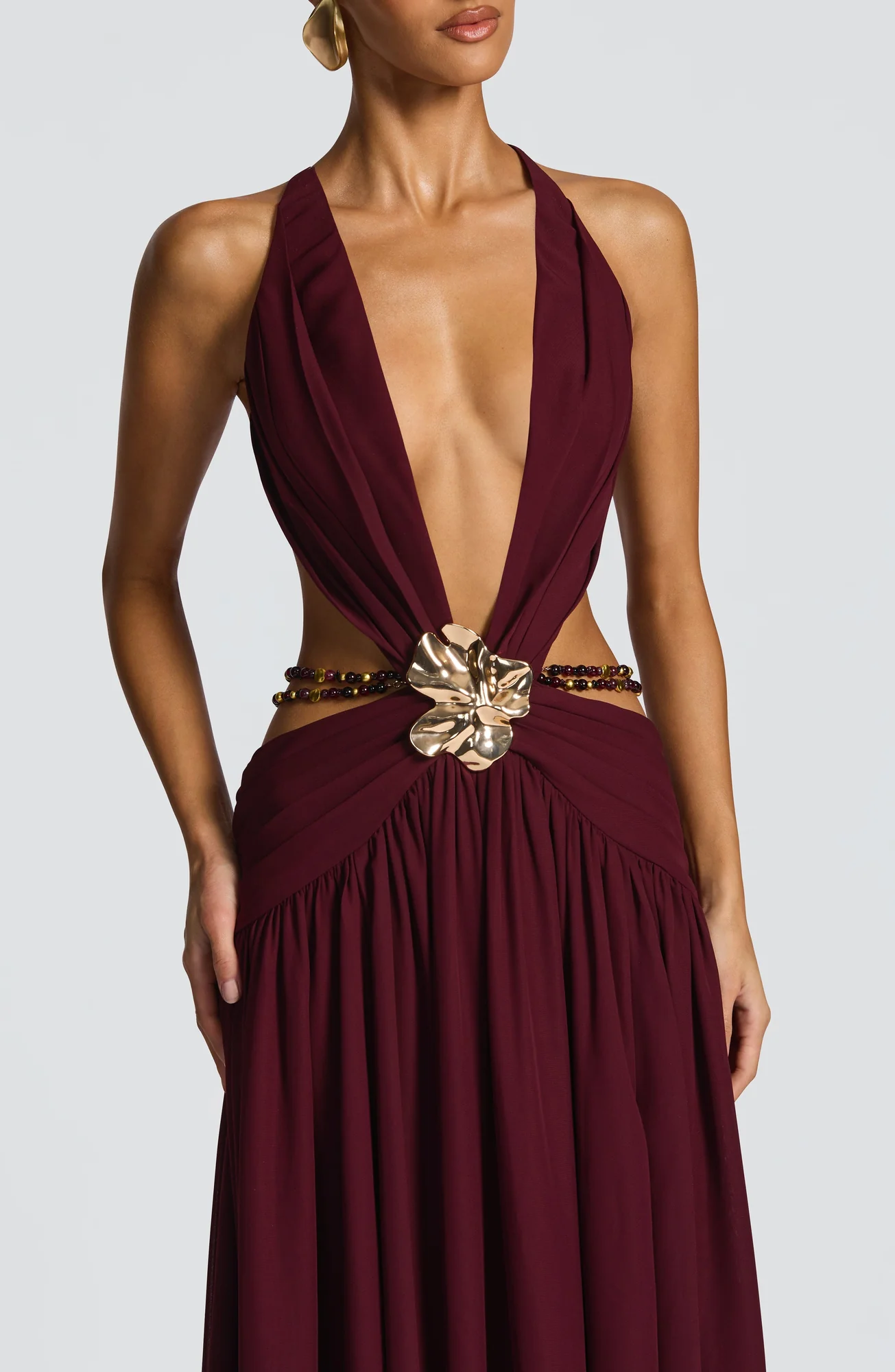 Cherry Lacquer Chiffon Maxi Dress - Elegant Orchid Brooch Detail