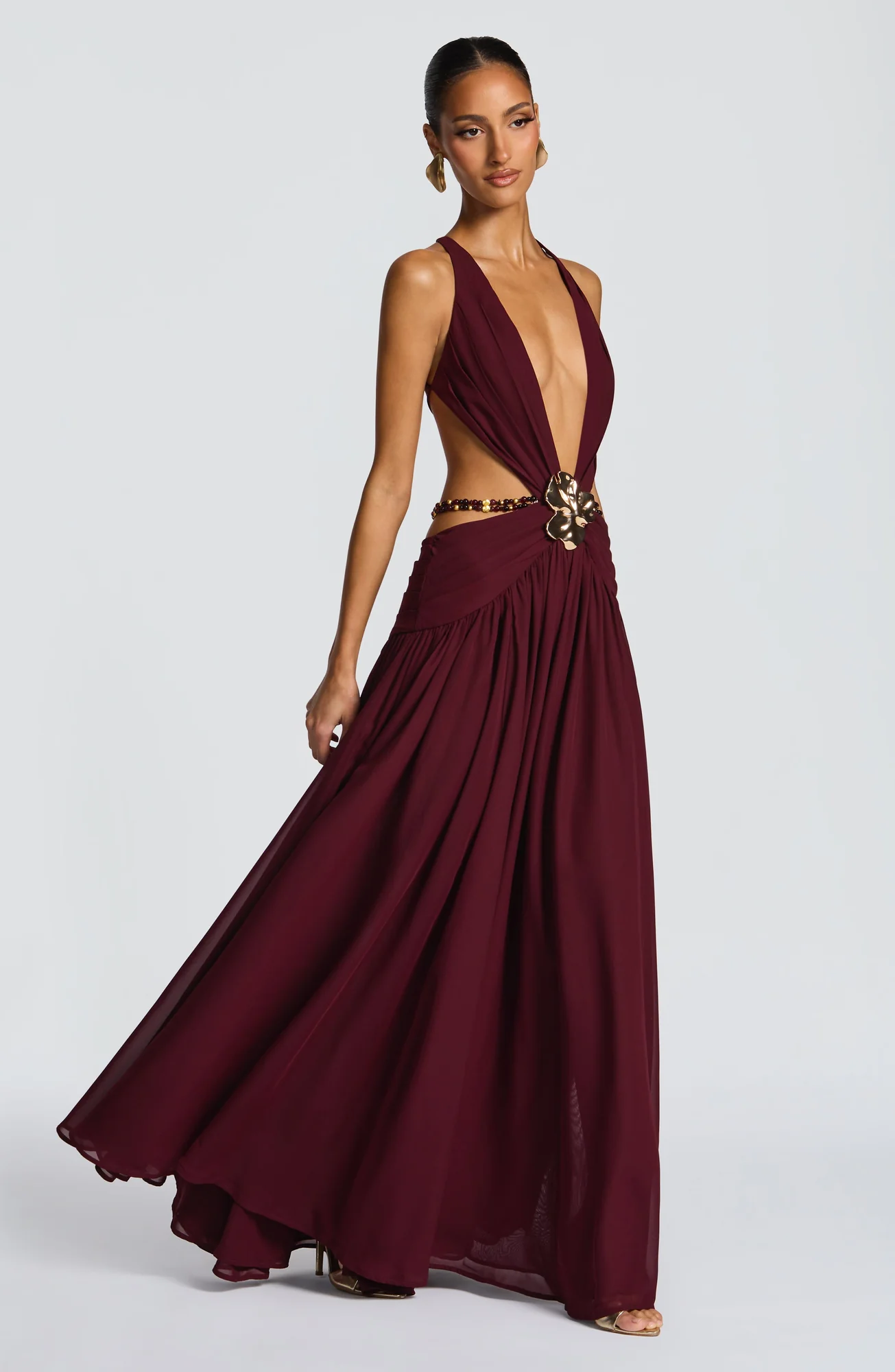 Cherry Lacquer Chiffon Maxi Dress - Elegant Orchid Brooch Detail