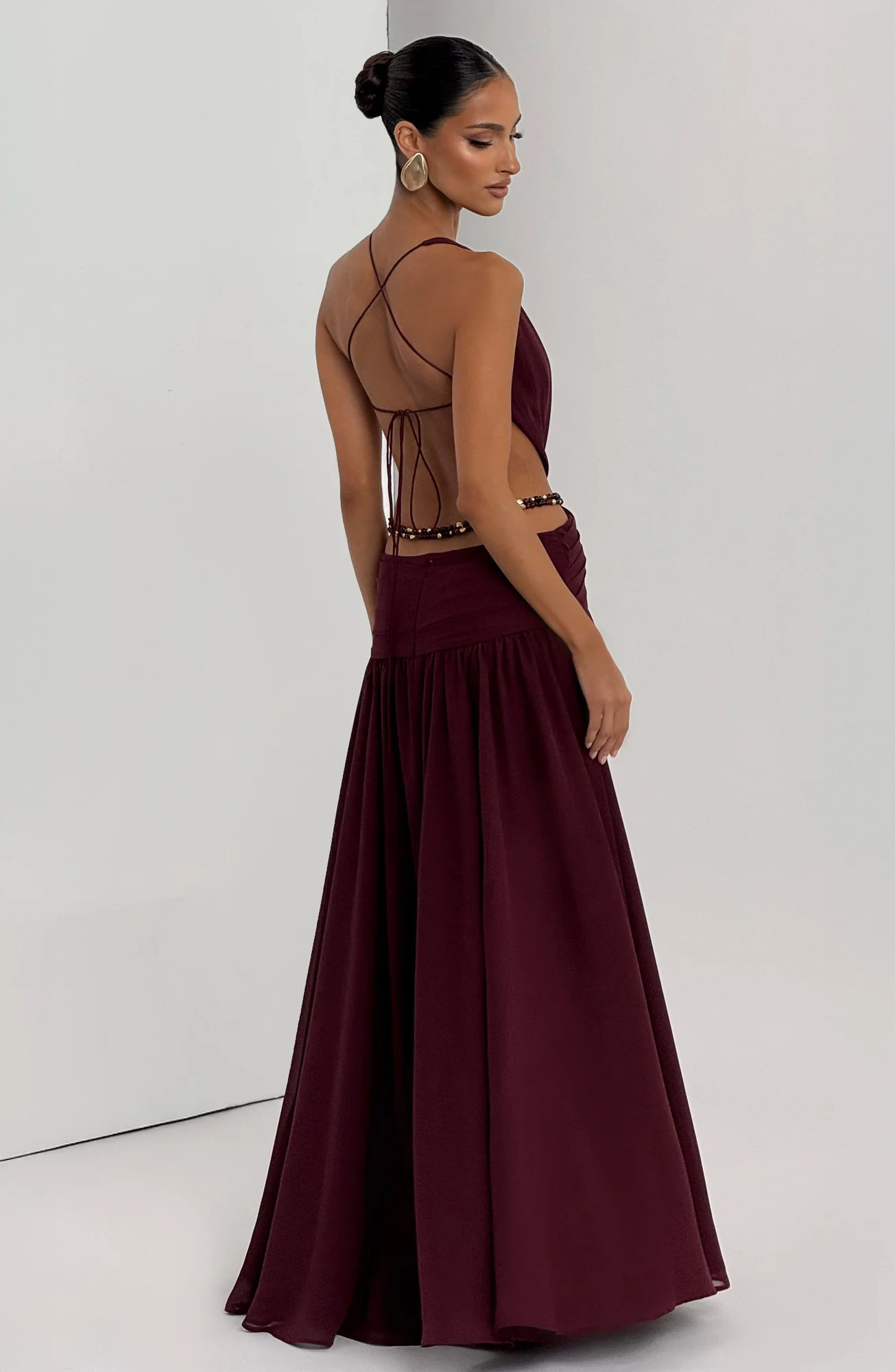 Cherry Lacquer Chiffon Maxi Dress - Elegant Orchid Brooch Detail