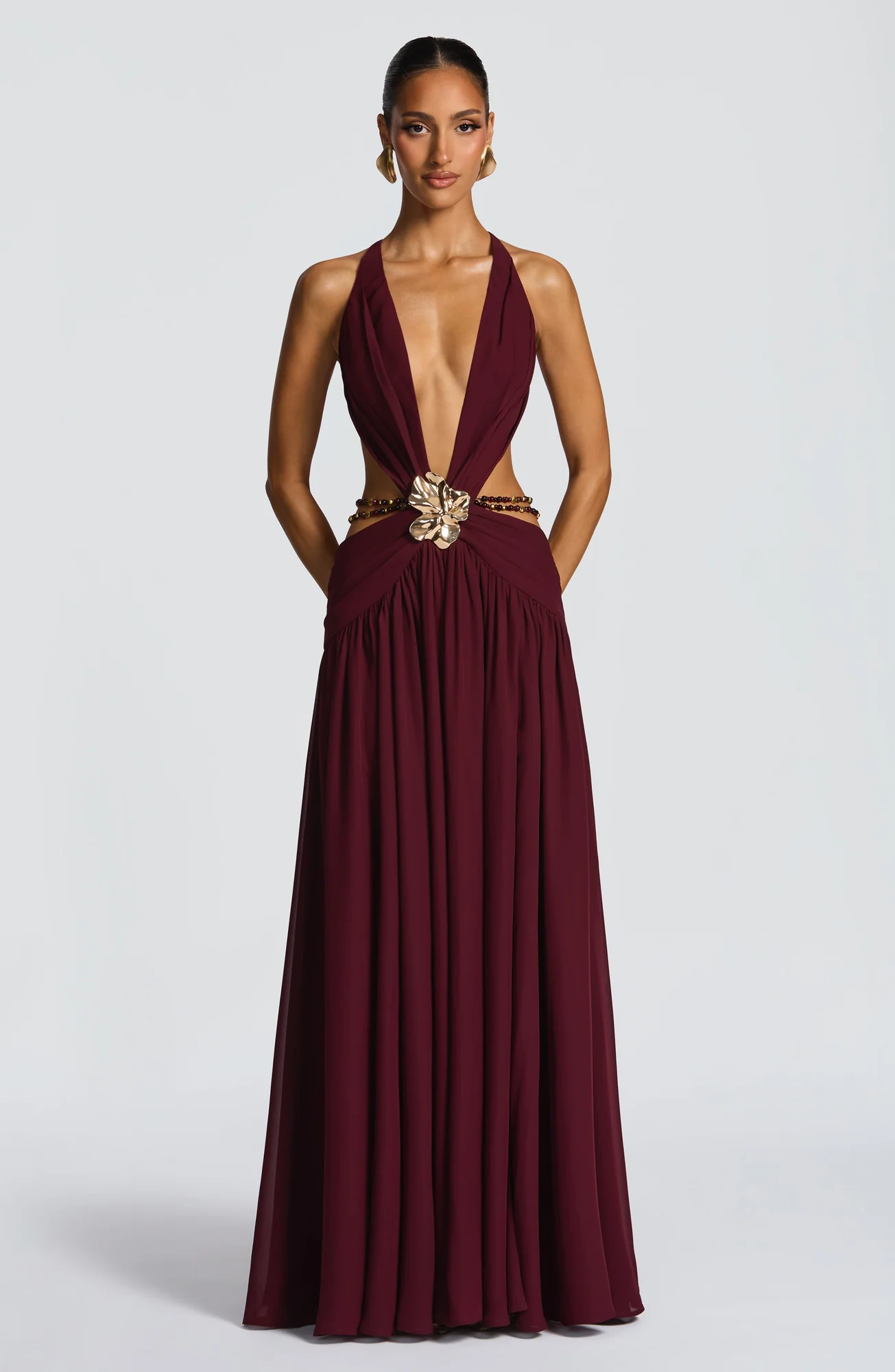 Cherry Lacquer Chiffon Maxi Dress - Elegant Orchid Brooch Detail