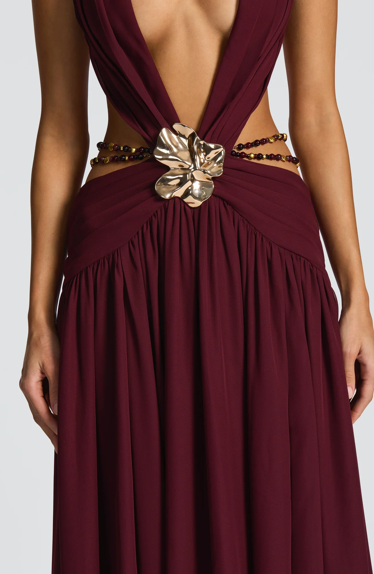 Cherry Lacquer Chiffon Maxi Dress - Elegant Orchid Brooch Detail