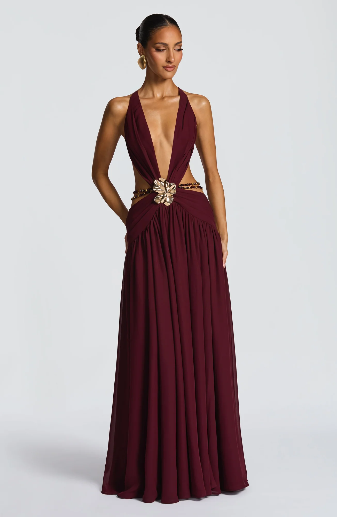 Cherry Lacquer Chiffon Maxi Dress - Elegant Orchid Brooch Detail