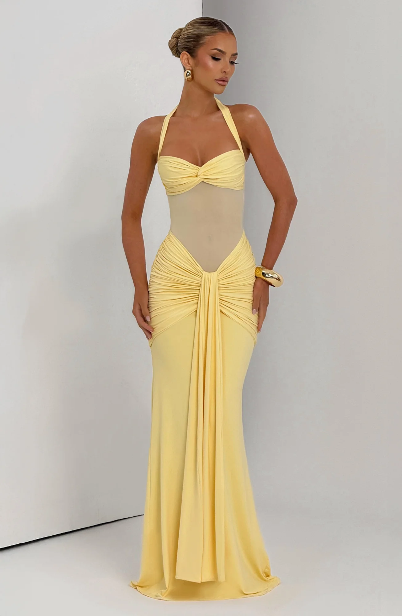 Lemon Halter Maxi Dress - Elegant Twist Design
