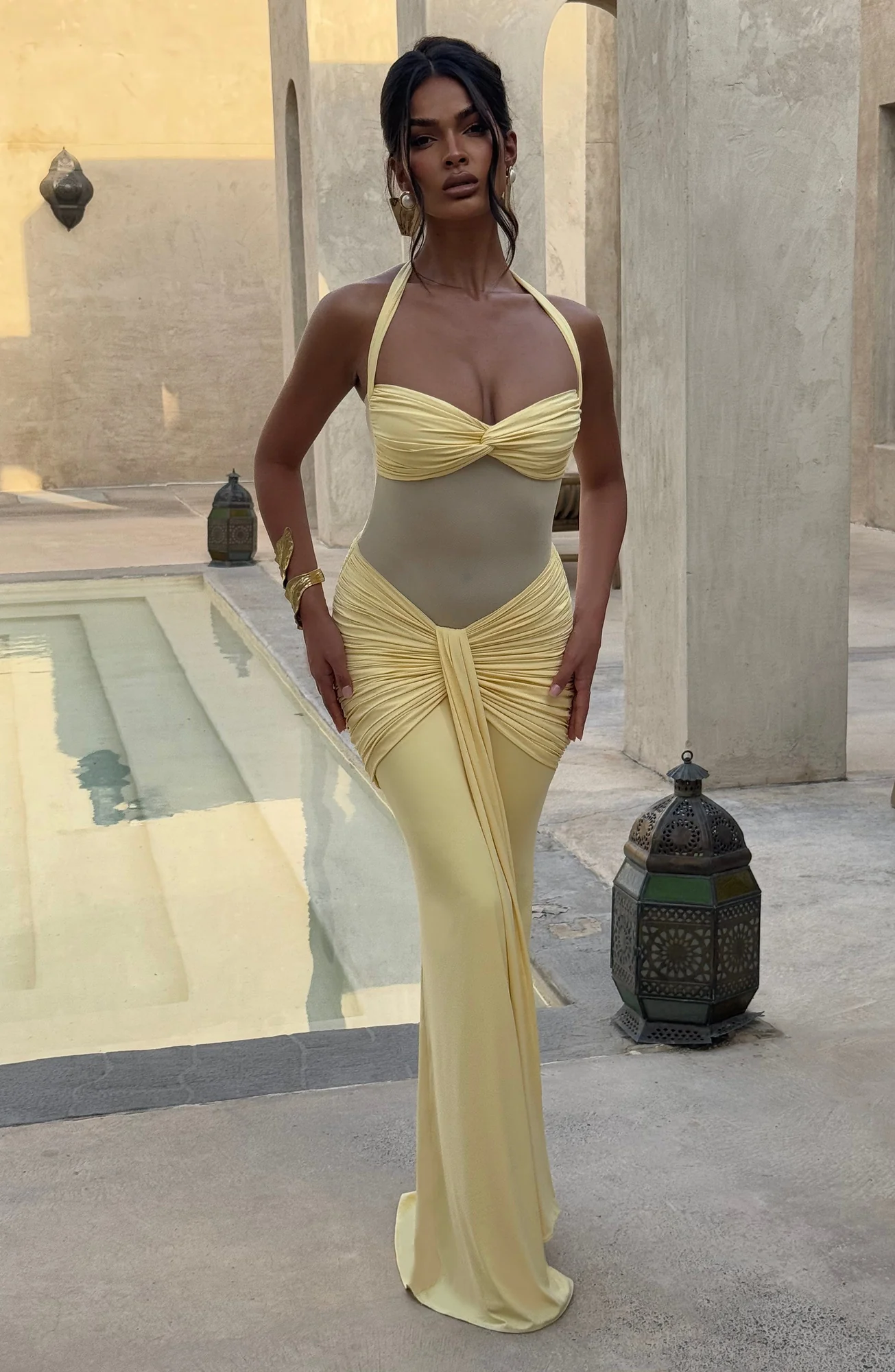 Lemon Halter Maxi Dress - Elegant Twist Design