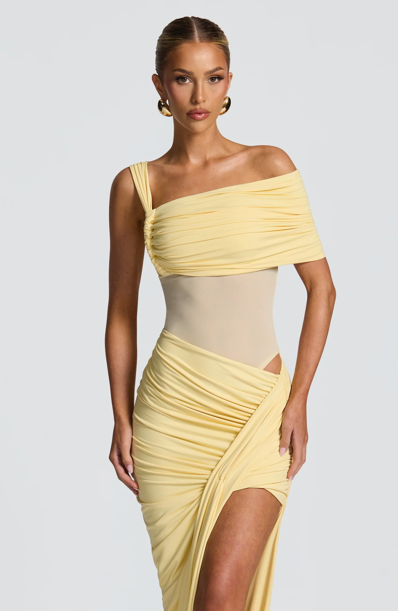 Stretch Mesh Bodysuit in Lemon - Sleeveless Bardot Style