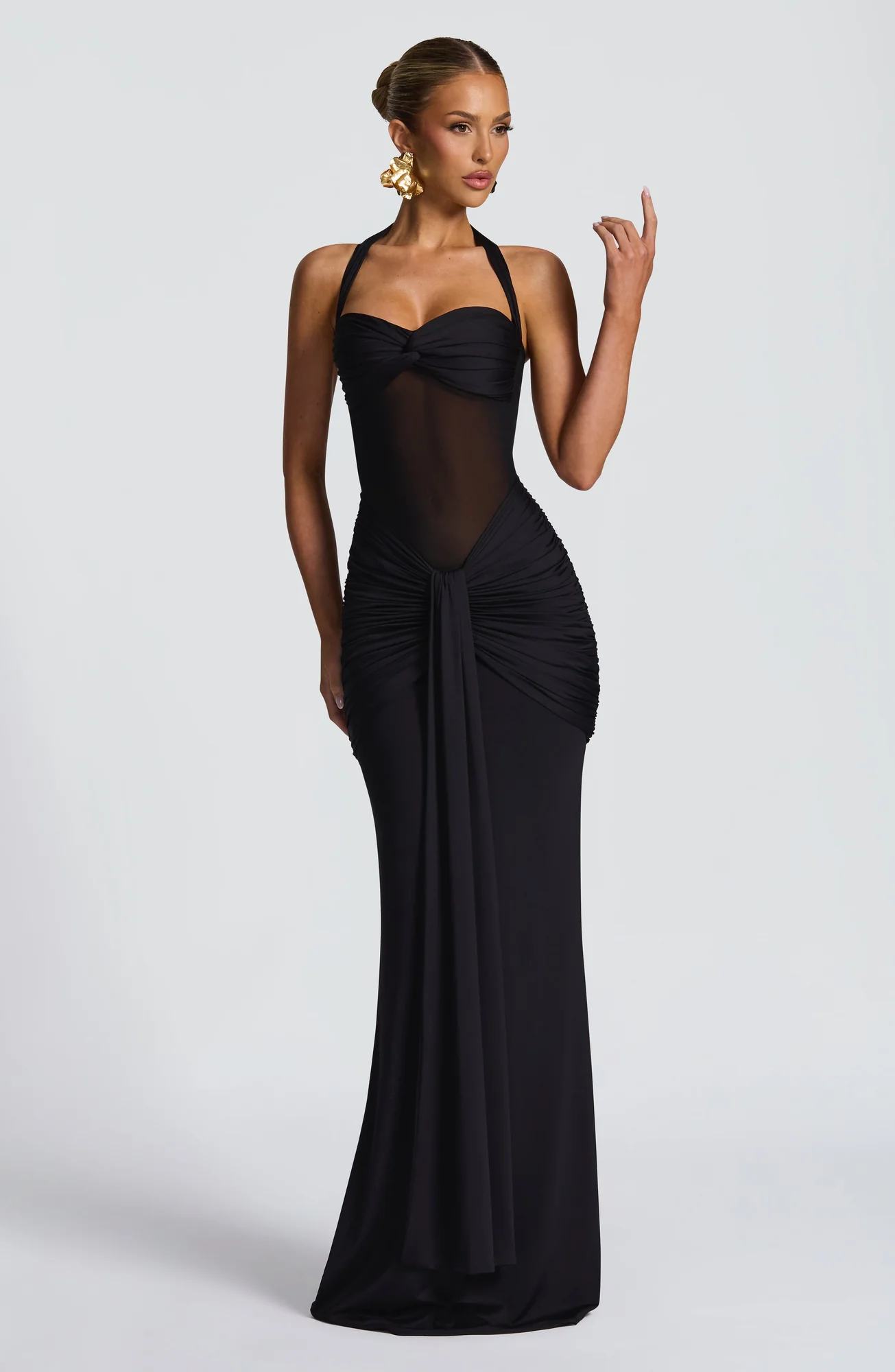 Black Stretch Slinky Mesh Maxi Dress with Flare Skirt