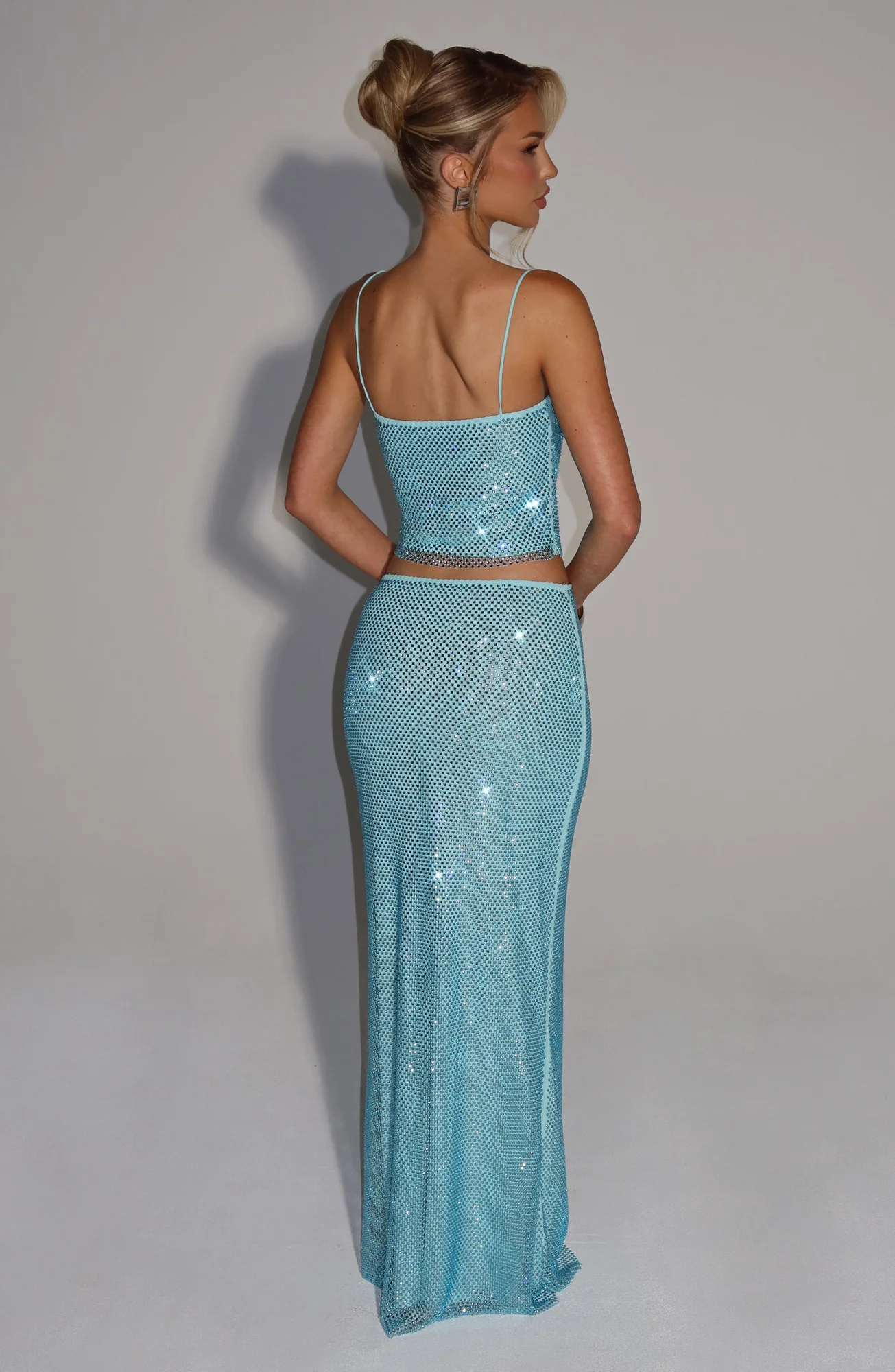 Aqua Maxi Skirt with Hotfix Rhinestones - Elegant Mesh Lining