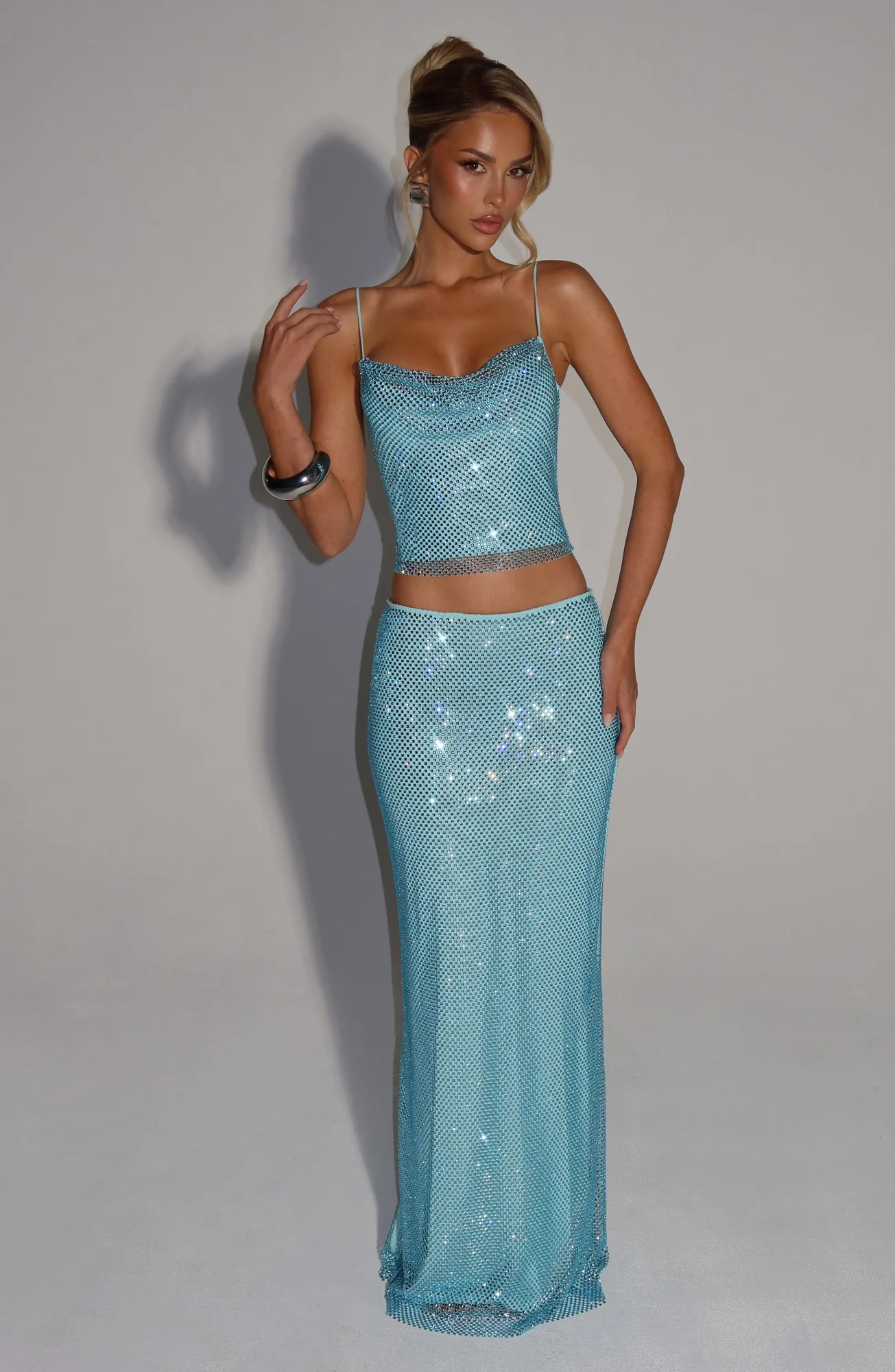 Aqua Maxi Skirt with Hotfix Rhinestones - Elegant Mesh Lining