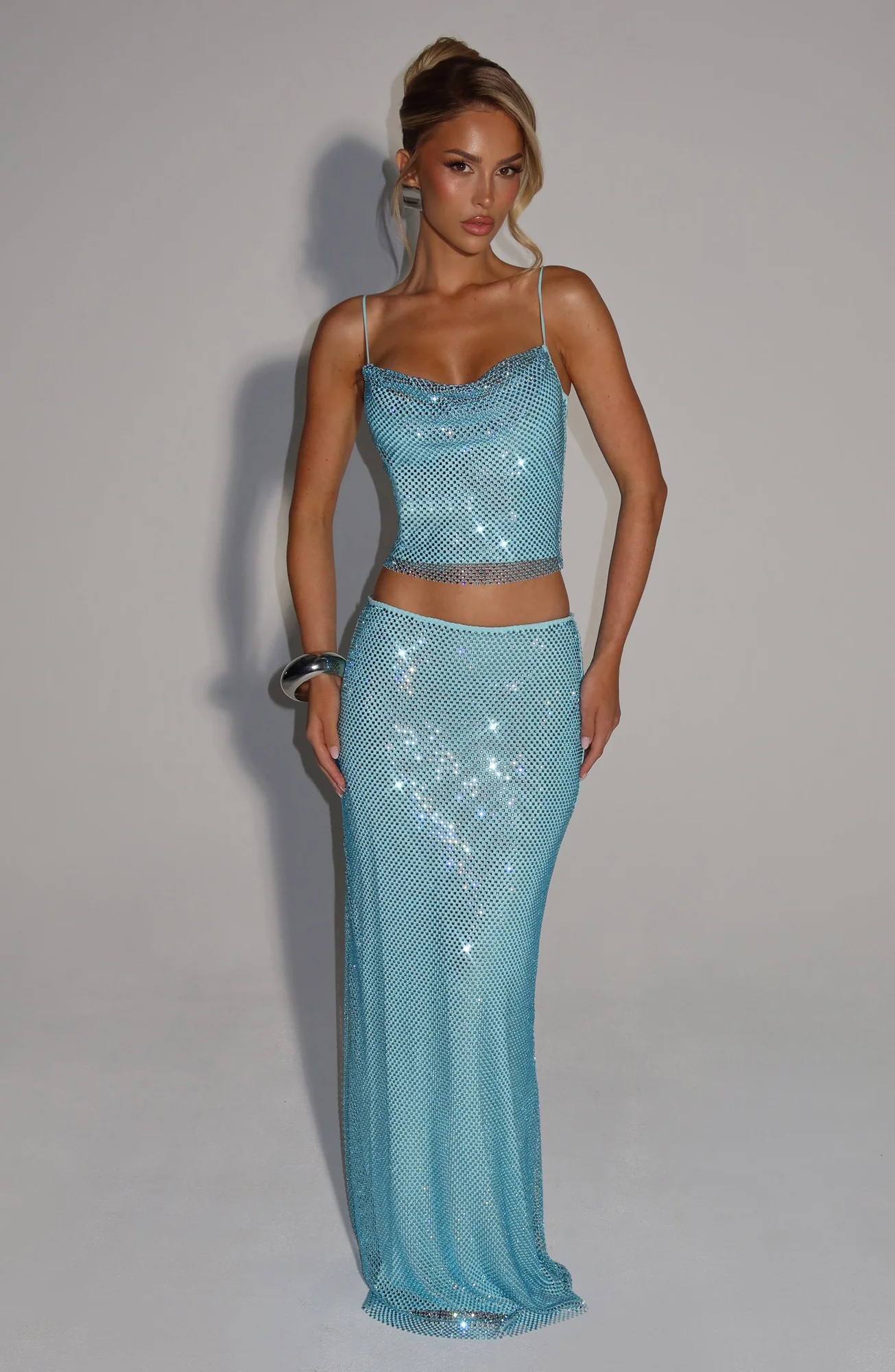 Aqua Maxi Skirt with Hotfix Rhinestones - Elegant Mesh Lining