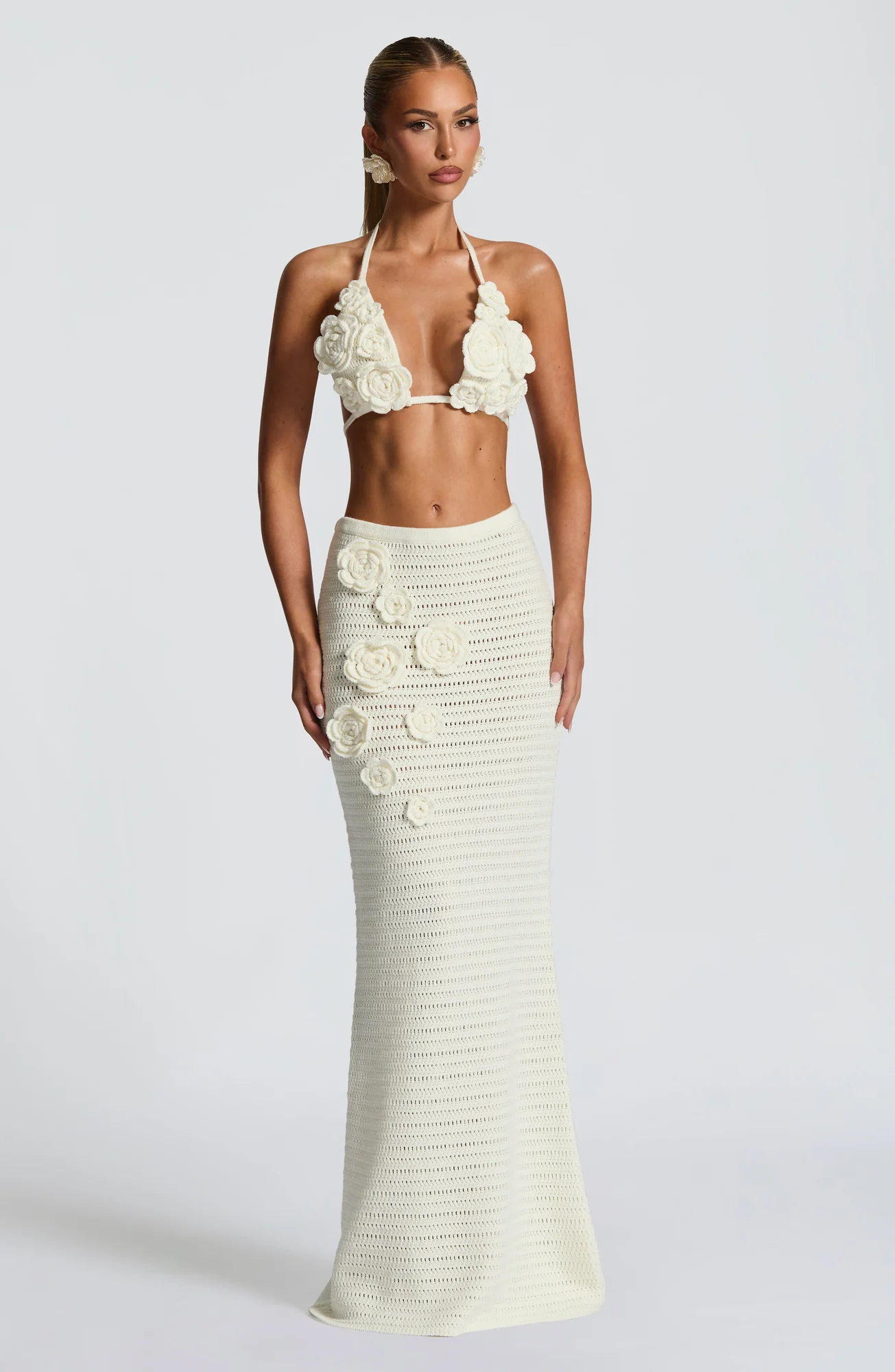 Ivory Crochet Maxi Skirt Dress - Elegant Floral Appliques