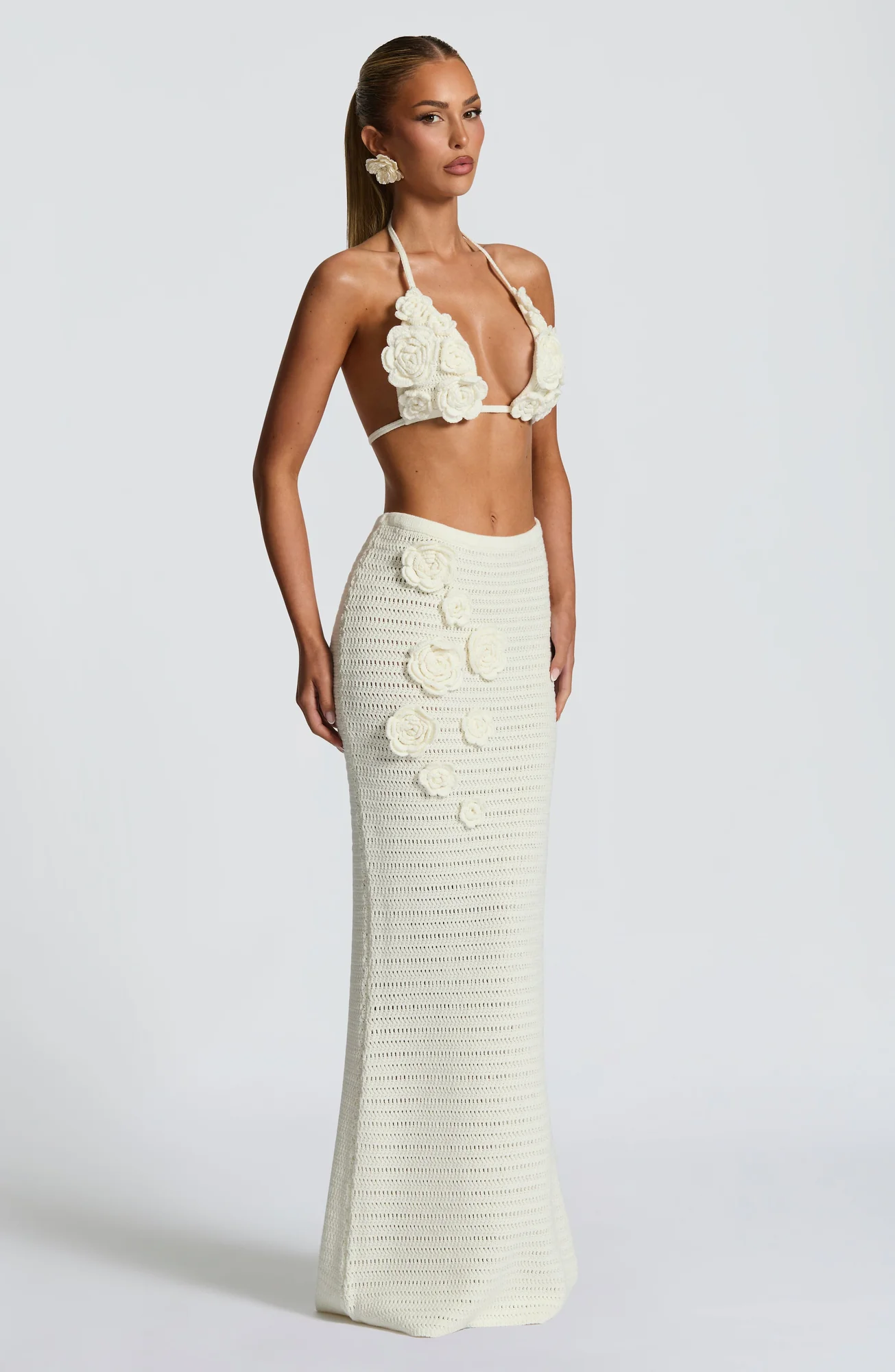 Ivory Crochet Maxi Skirt Dress - Elegant Floral Appliques