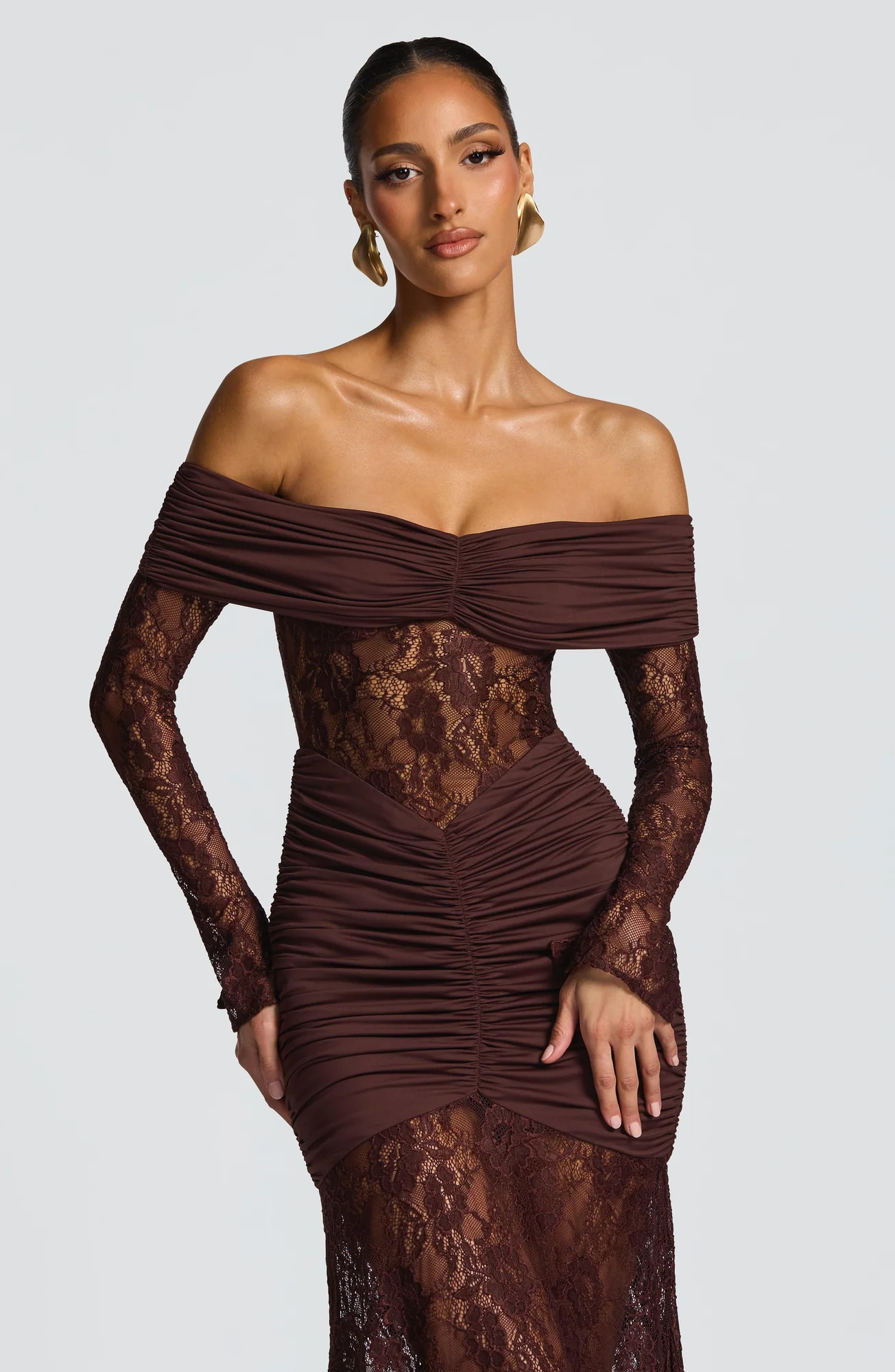 Plum Brown Stretch Lace Maxi Dress - Elegant Body-Hugging Fit
