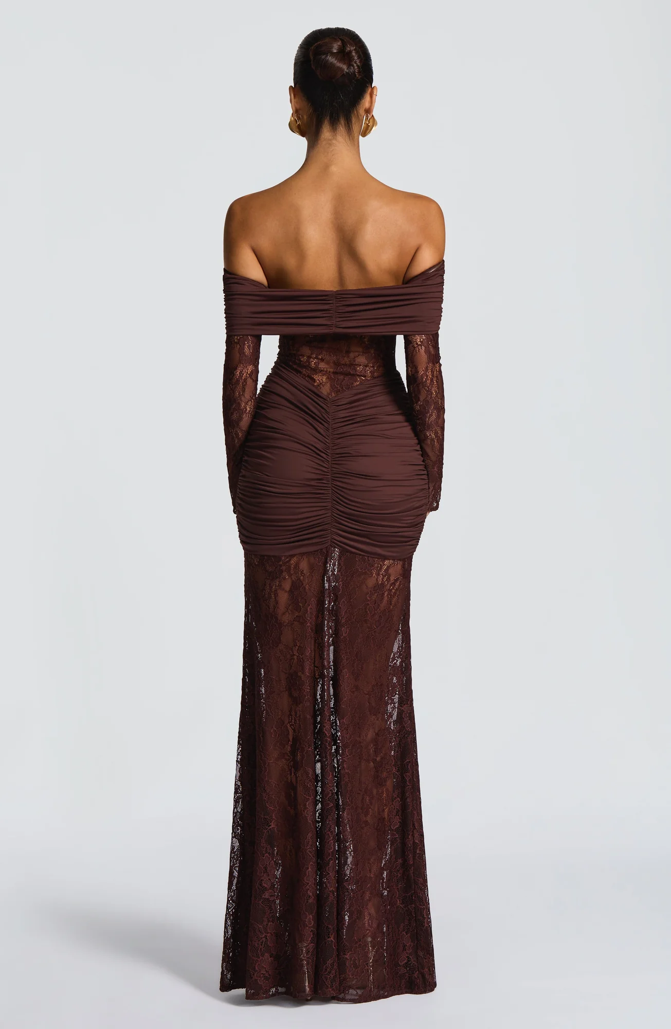 Plum Brown Stretch Lace Maxi Dress - Elegant Body-Hugging Fit