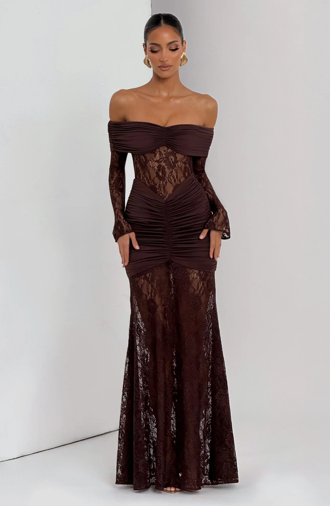 Plum Brown Stretch Lace Maxi Dress - Elegant Body-Hugging Fit