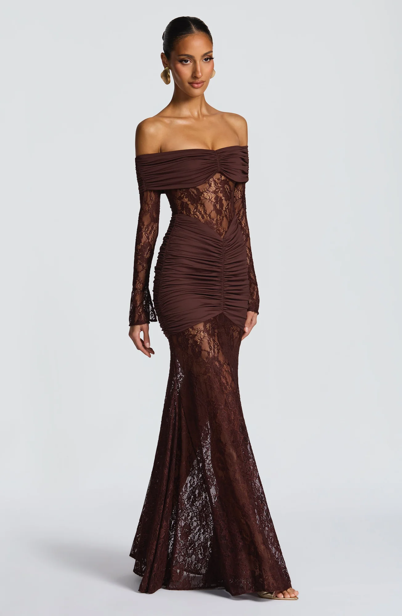 Plum Brown Stretch Lace Maxi Dress - Elegant Body-Hugging Fit