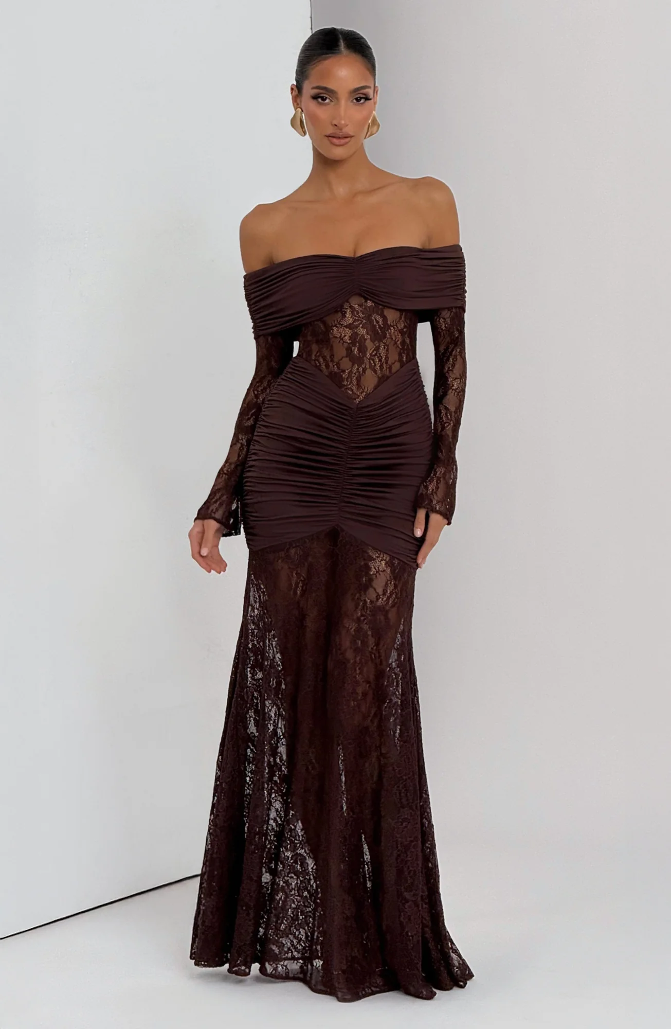 Plum Brown Stretch Lace Maxi Dress - Elegant Body-Hugging Fit