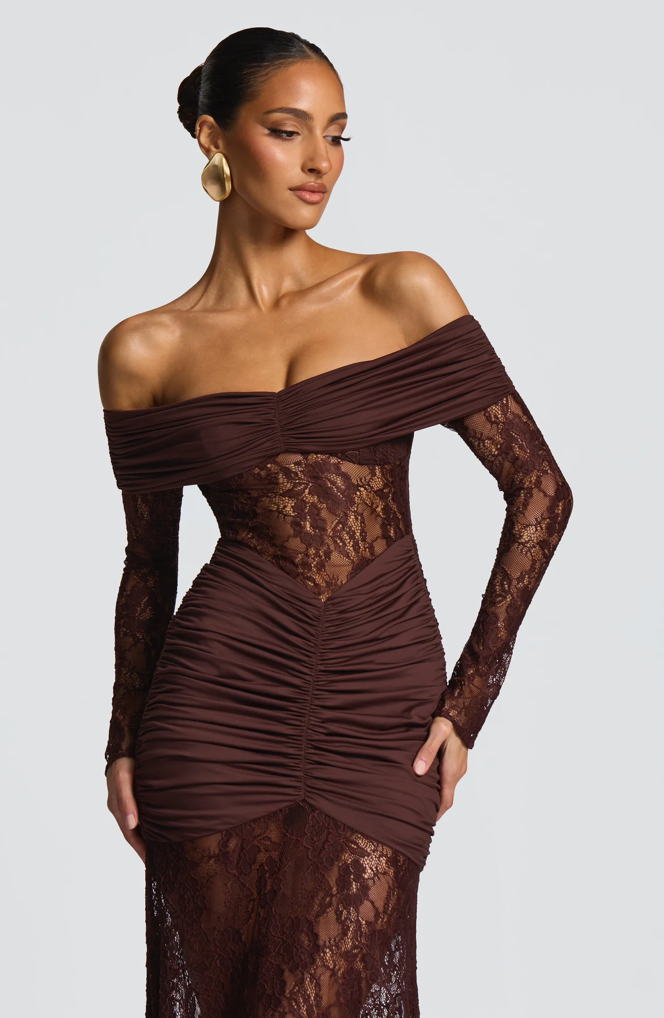 Plum Brown Stretch Lace Maxi Dress - Elegant Body-Hugging Fit