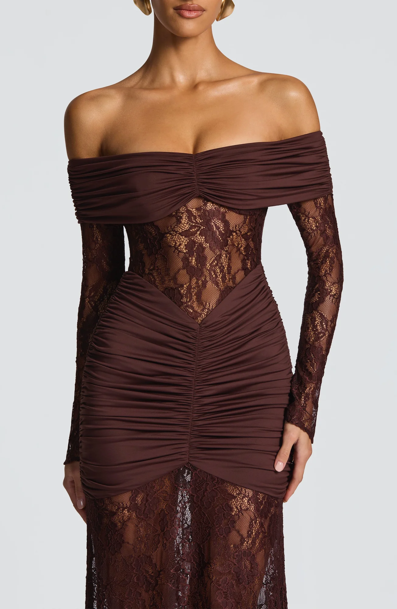 Plum Brown Stretch Lace Maxi Dress - Elegant Body-Hugging Fit