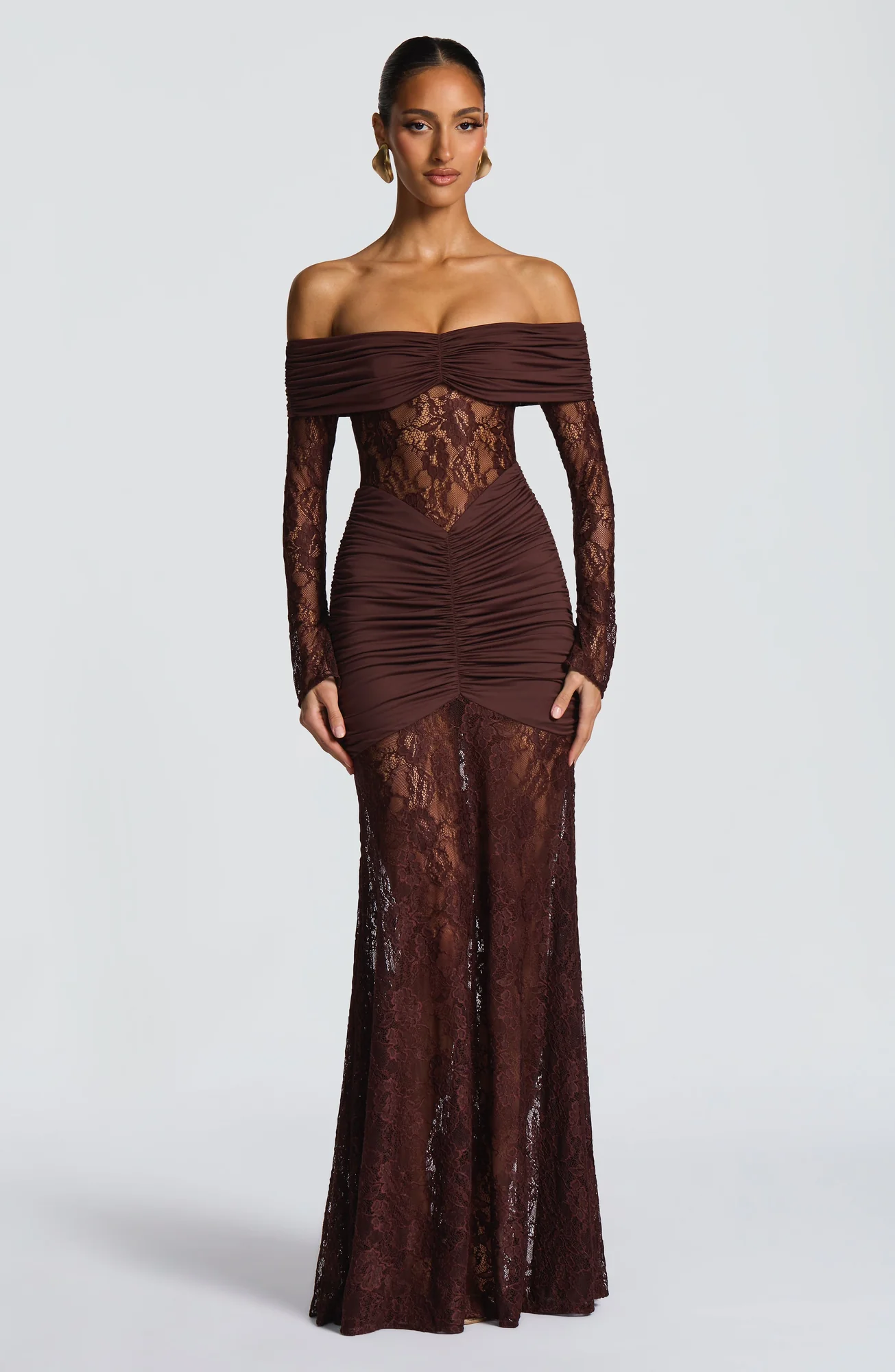 Plum Brown Stretch Lace Maxi Dress - Elegant Body-Hugging Fit