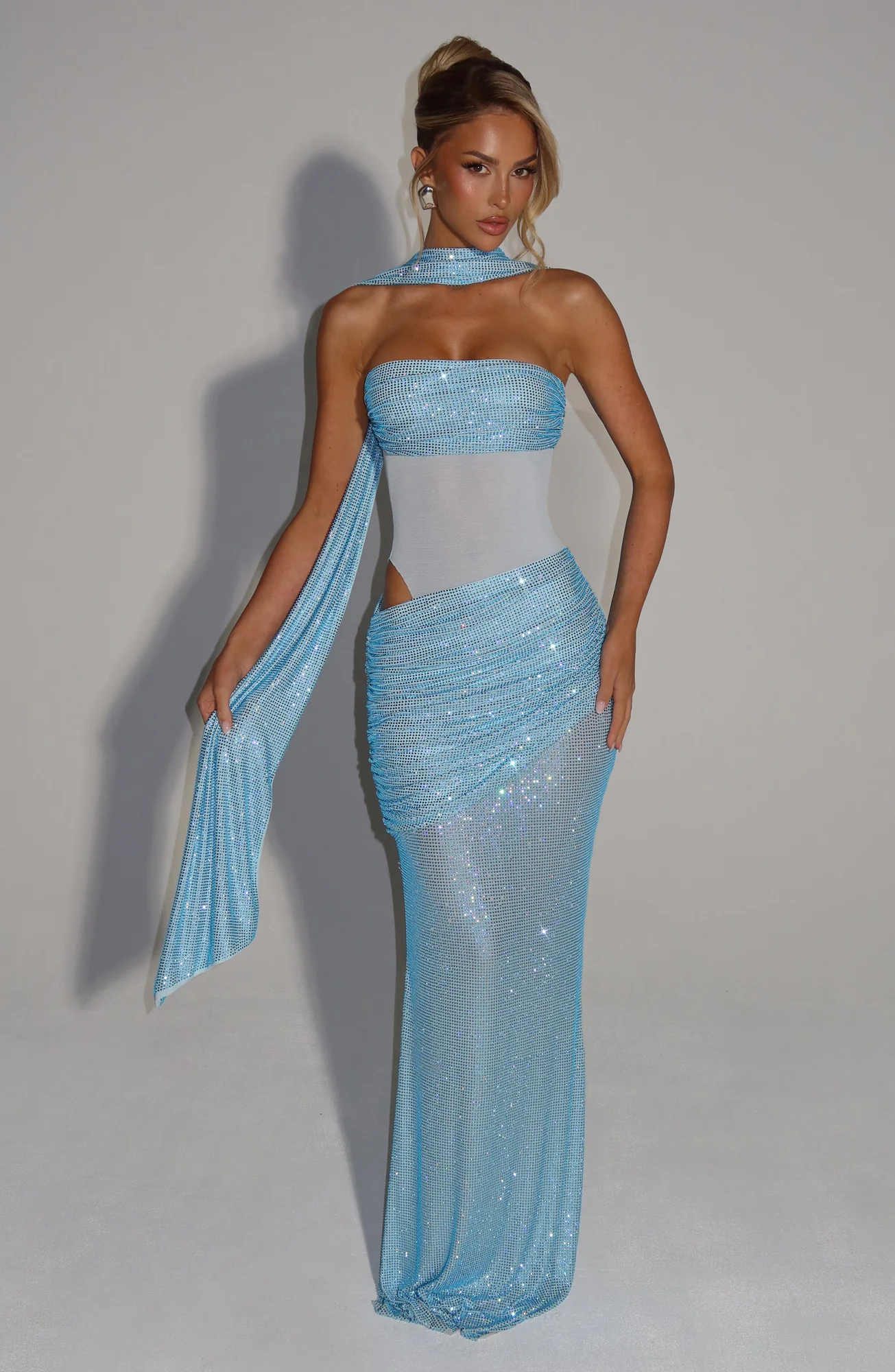 Aqua Stretch Mesh Rhinestone Embellished Scarf