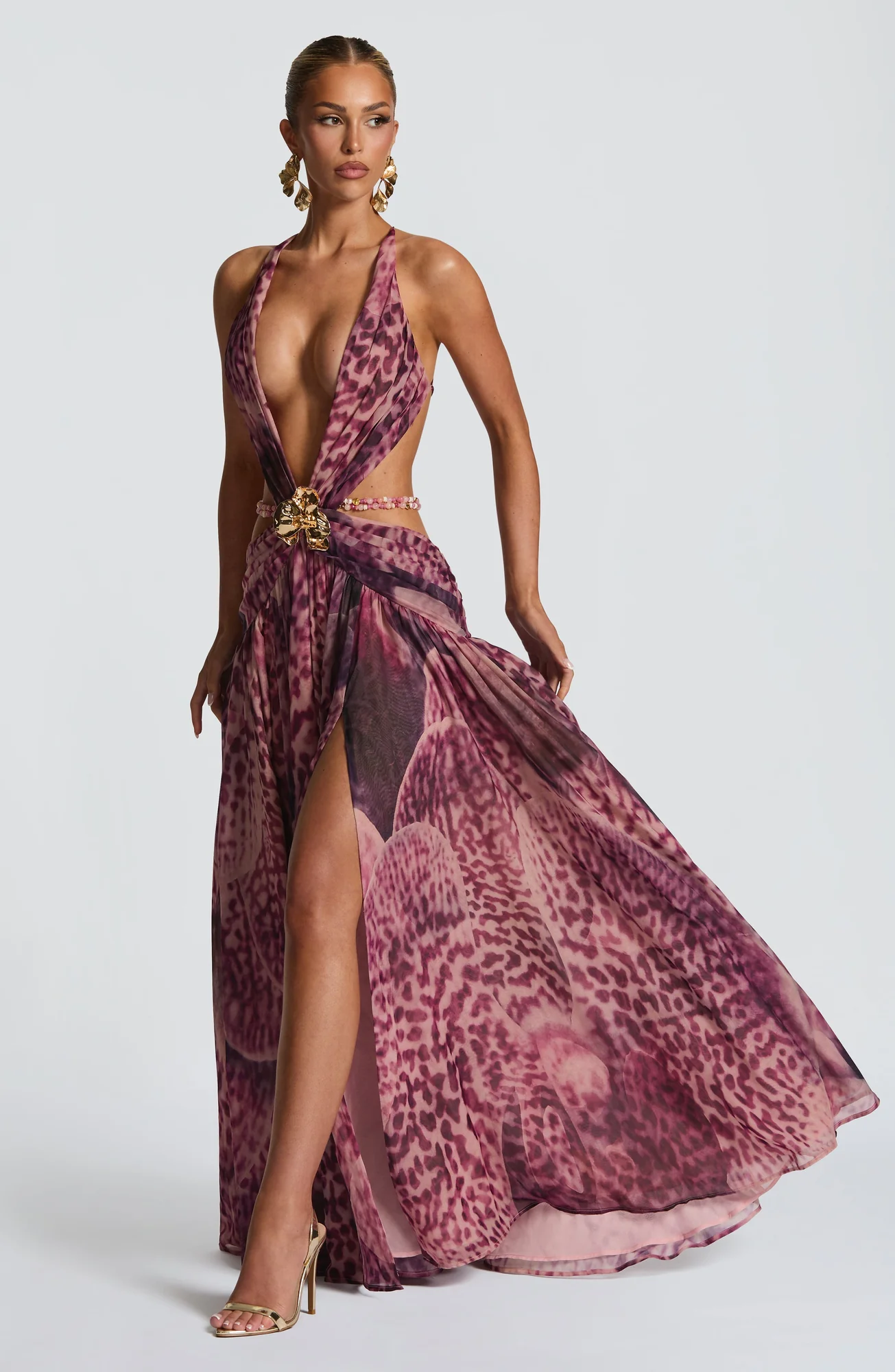 Magenta Orchid Print Maxi Dress - Elegant Backless Design