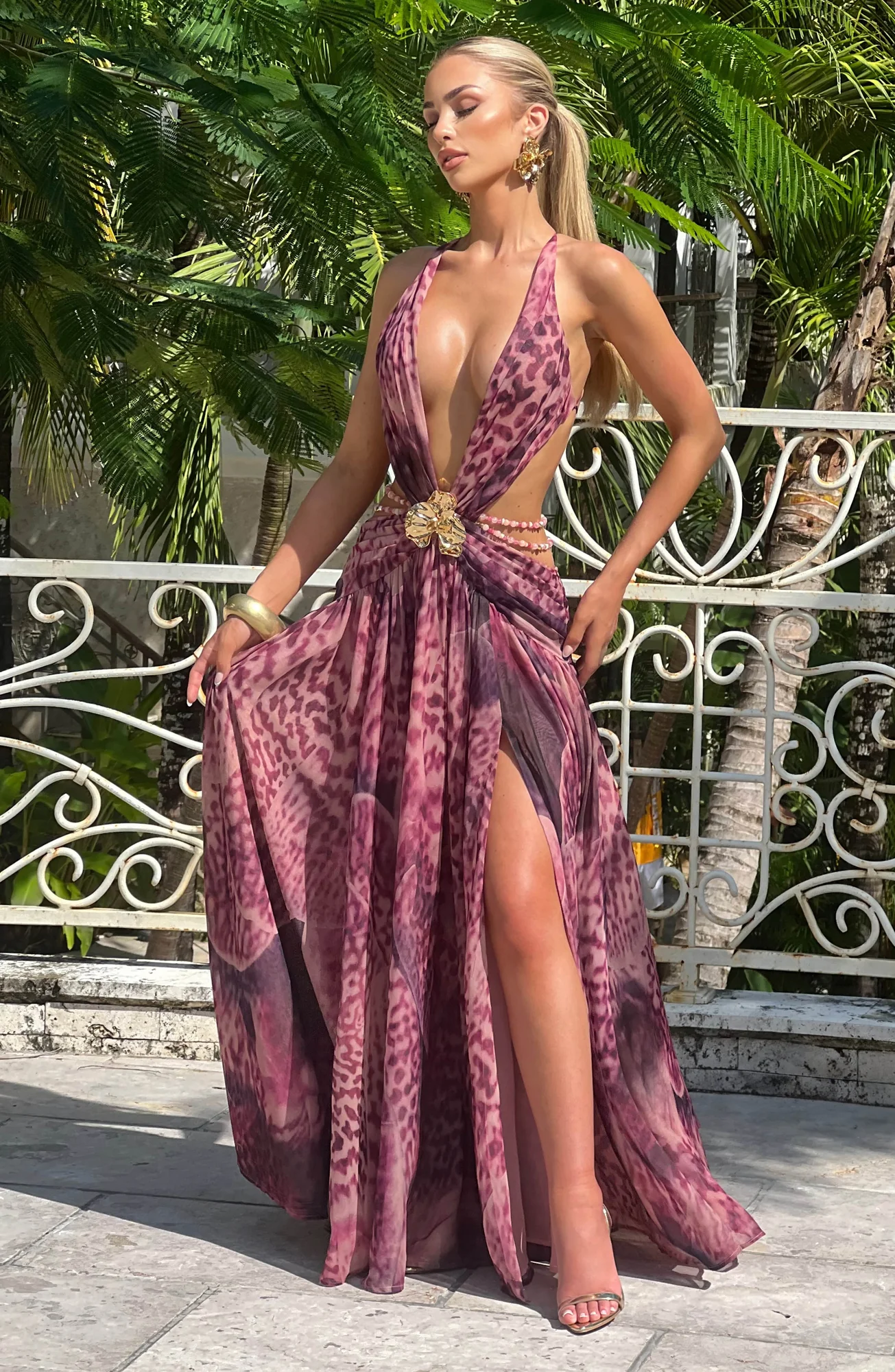 Magenta Orchid Print Maxi Dress - Elegant Backless Design
